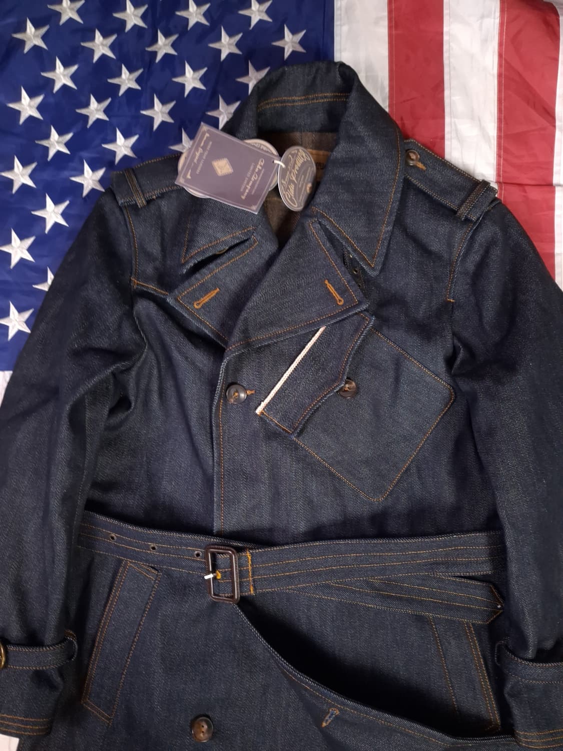 택새제품 WW1 대전용 Cidu Leatthers 데님 더블 트렌치코트 상품이미지3