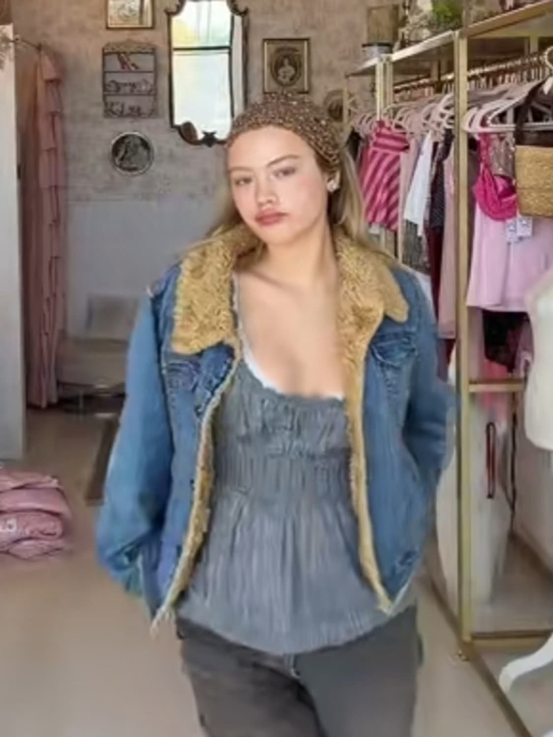 W closet Y2K 갸루 누빔 퍼 청자켓 상품이미지1