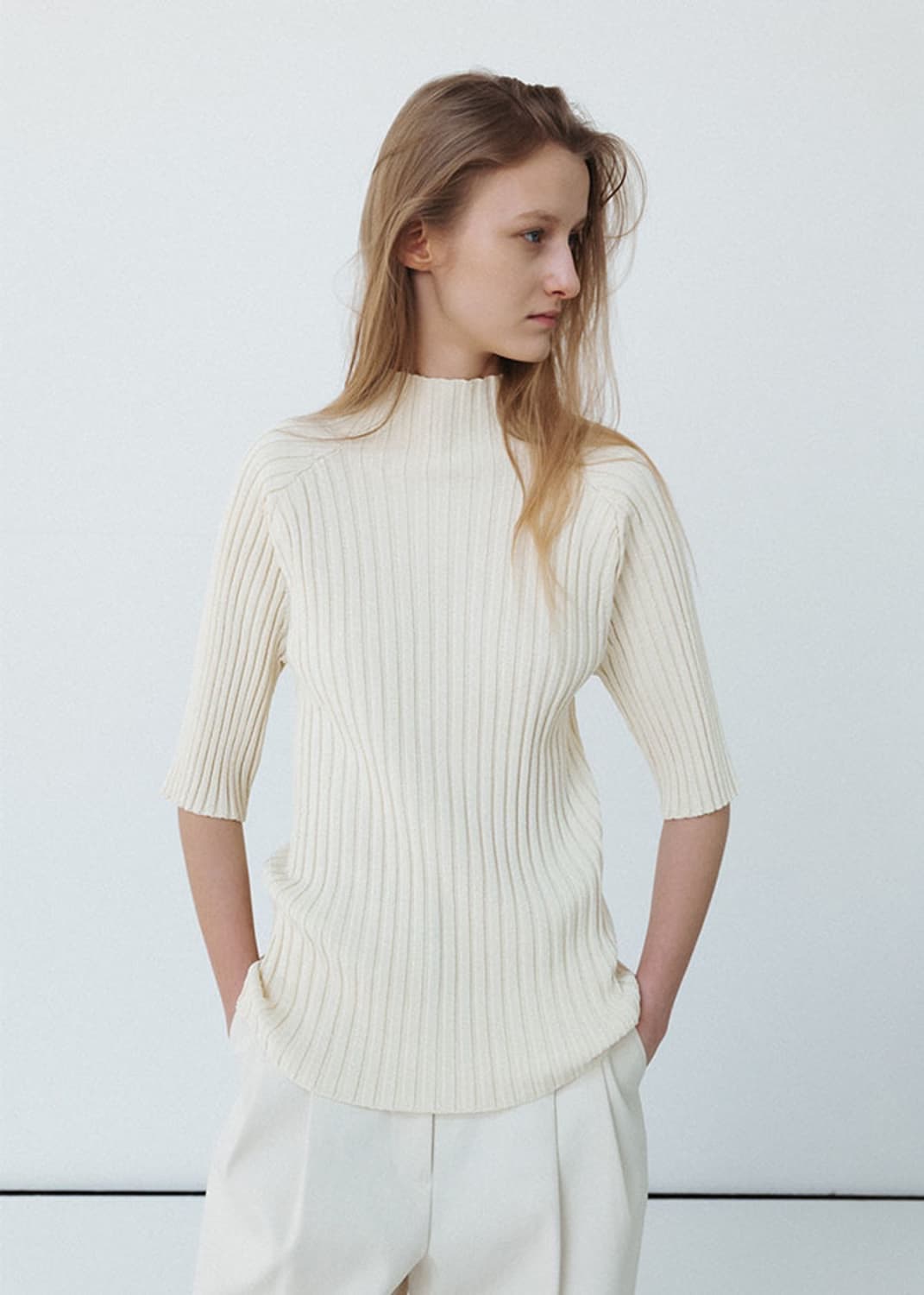 RIBBED MOCK NECK HALF SLEEVES TOP 상품이미지2
