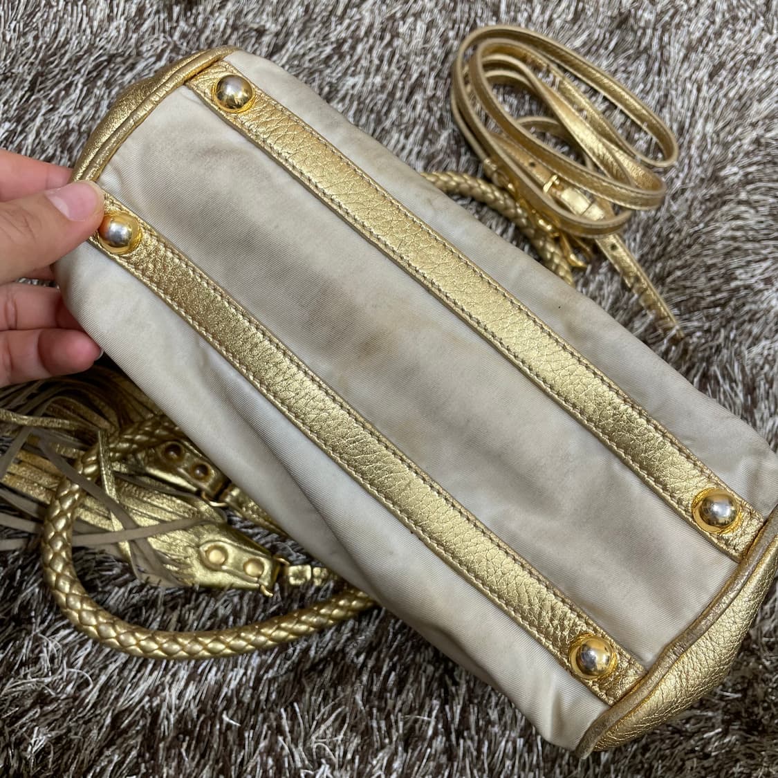프라다 PRADA 골드 나일론 레더 볼링백 토트백 크로스백 상품이미지4