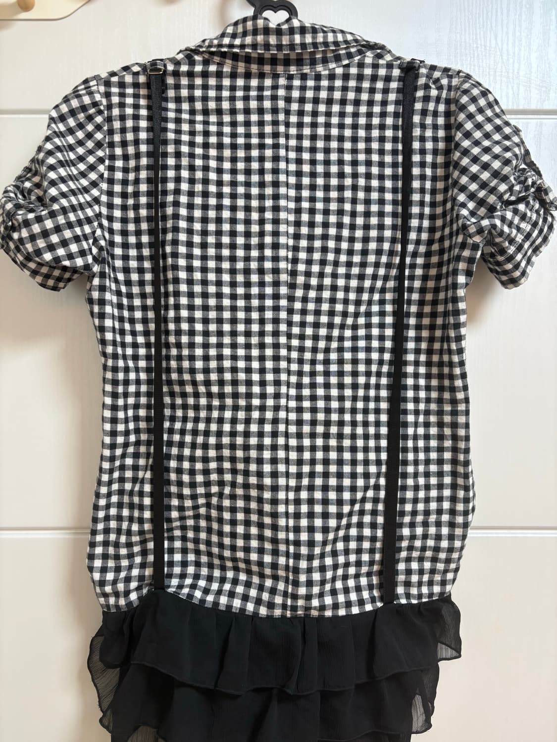 체크 퍼프 소매 프릴 레이어드 반팔 셔츠 상품이미지2