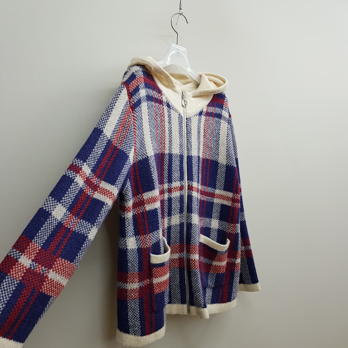 에르 ELLE 체크 패턴 니트 후드 집업 가디건 66사이즈 상품이미지4