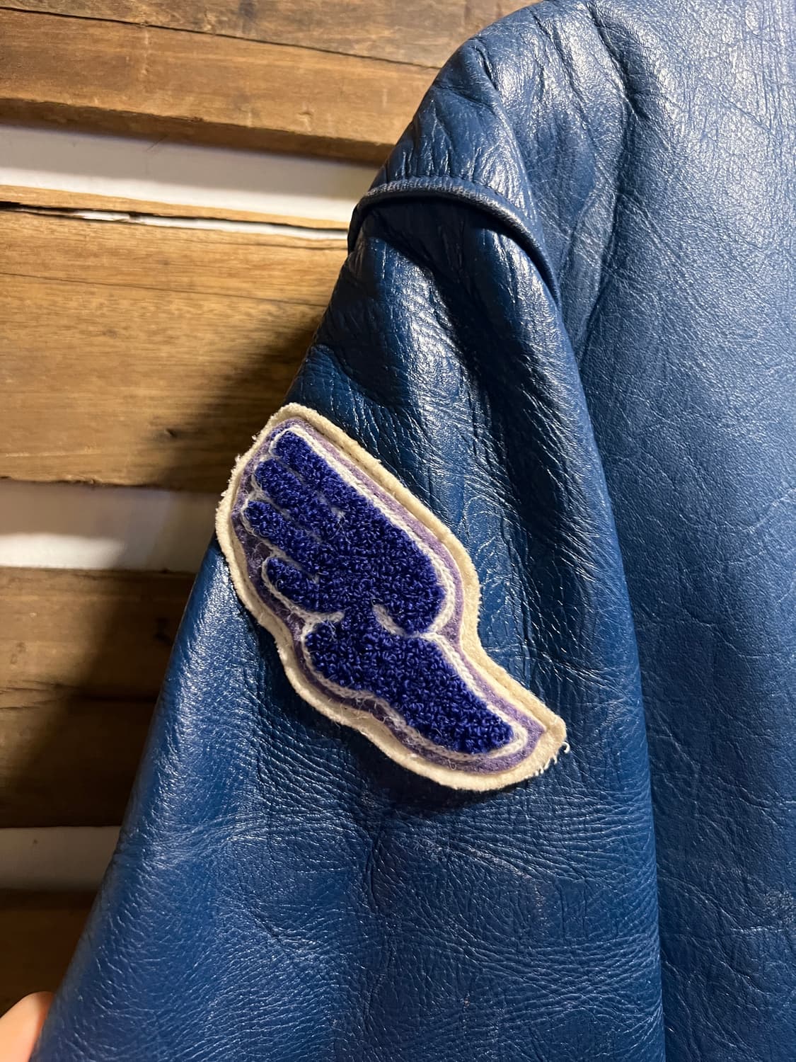 [M]80's Made in USA 블루 리얼 레더 바시티 자켓 상품이미지6