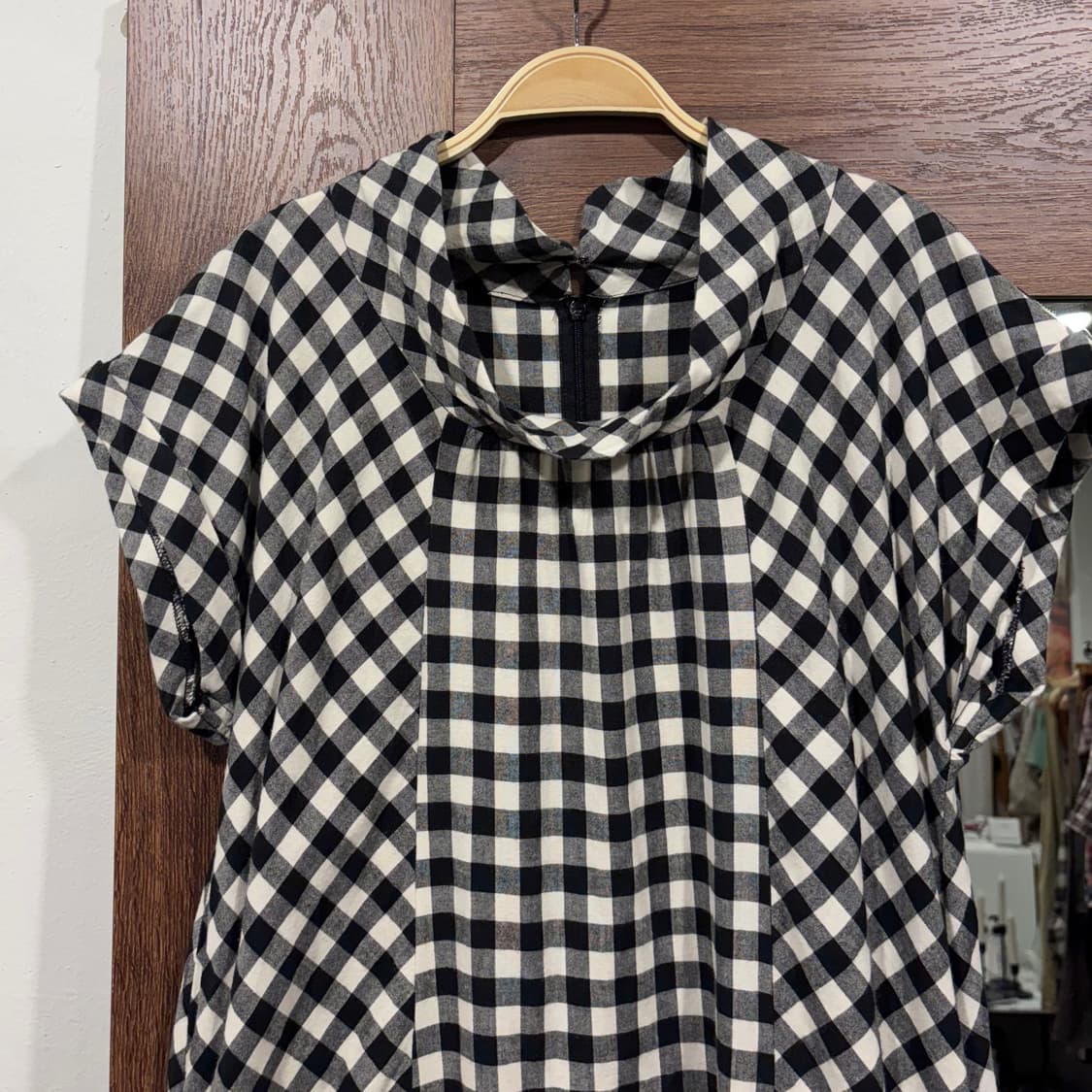 일본 빈티지 모리 블랙 체크 코튼 레이스 폴라 반팔 원피스 상품이미지3