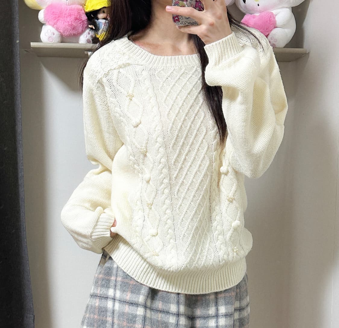 빈티지 화이트 폼폼이 레이스 니트 히메갸루 로걀 라떼 모리걸 헤이세이 상품이미지1