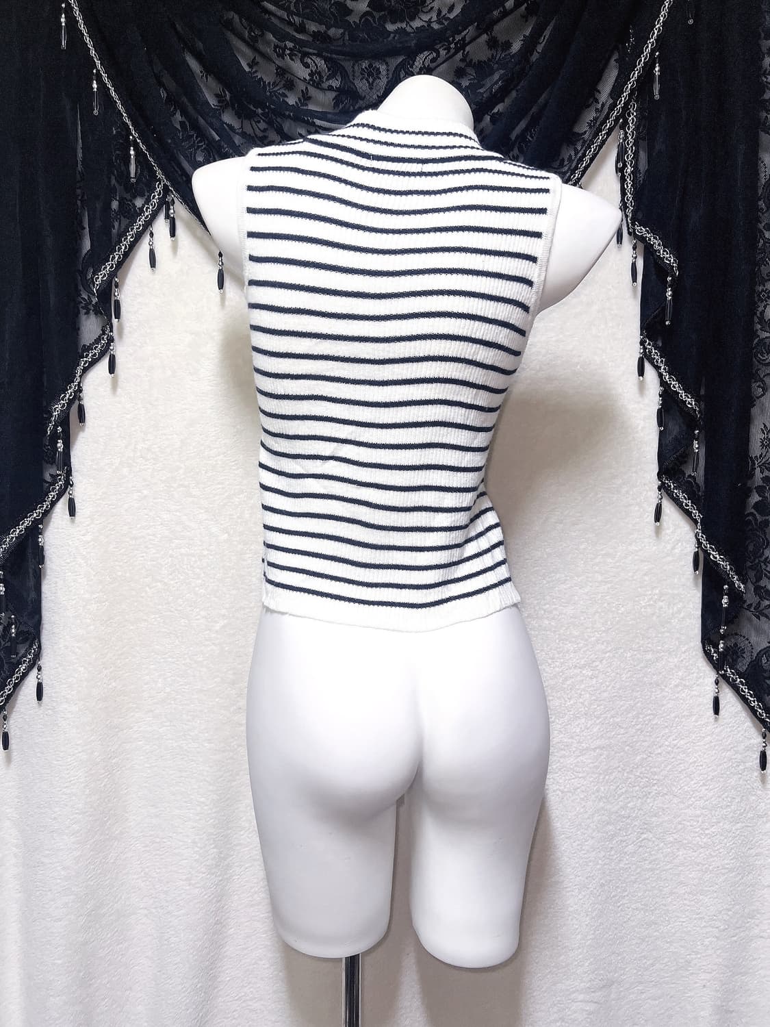 로맨틱갸루 로걀 오네 스트라이프 큐빅 장식 골지니트 탑 슬리브리스 나시 상품이미지8