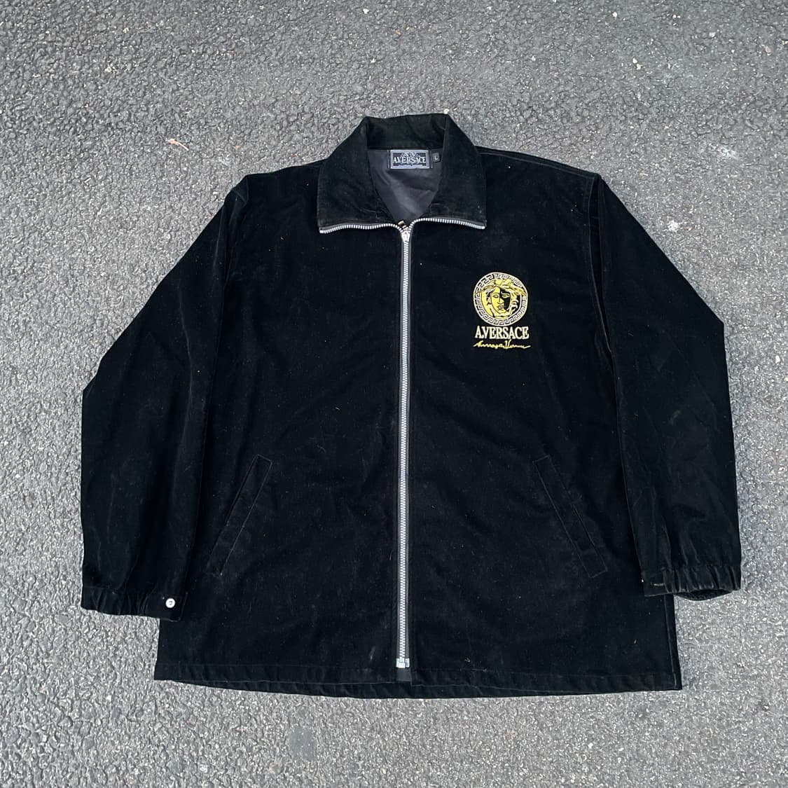 90s 베르사체 메두사 스웨이드 벨벳 사틴 블루종 올드스쿨 자켓 XL 상품이미지3
