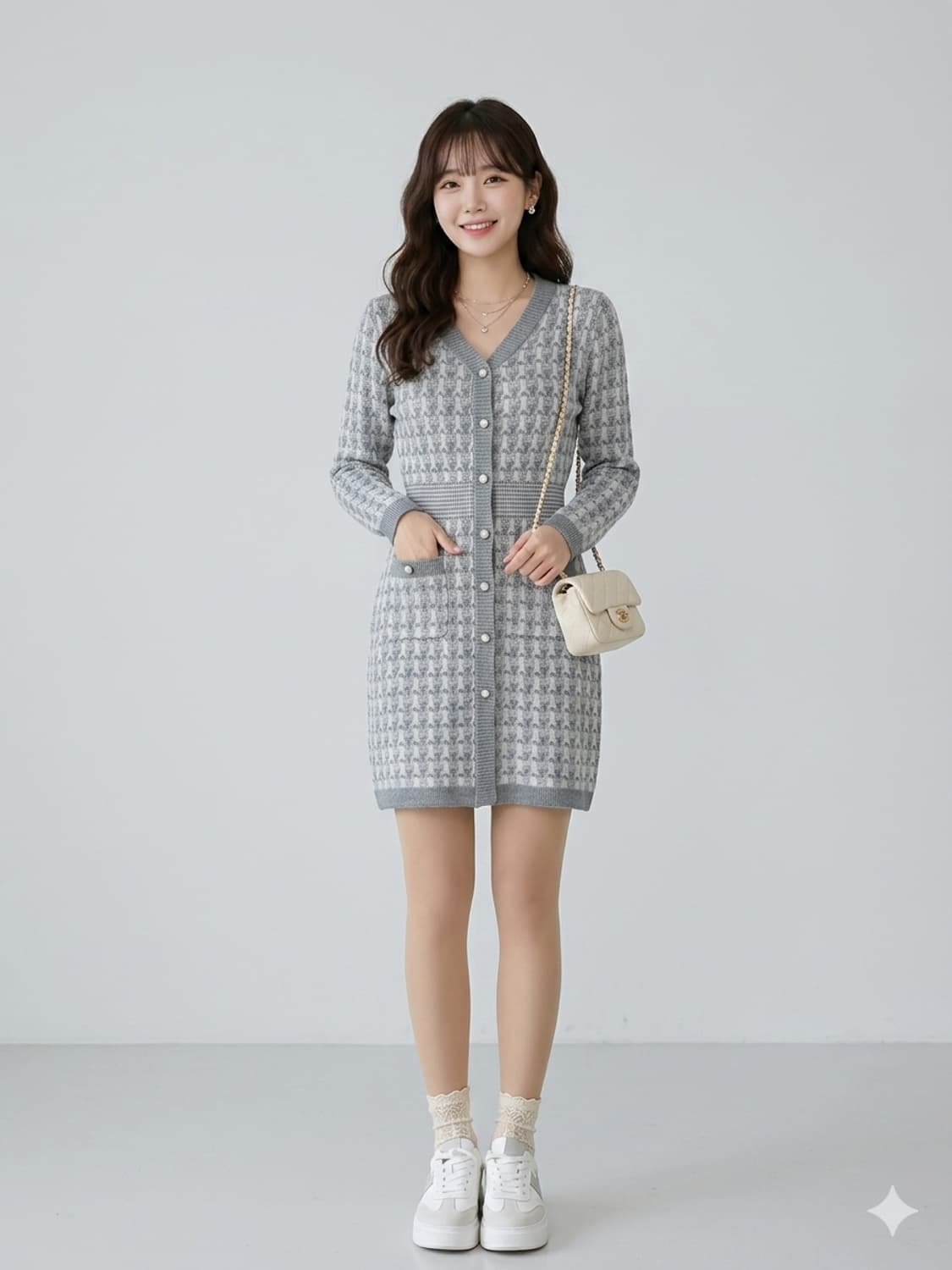 NAIN 나인 브이넥 진주버튼 패턴 니트 원피스 상품이미지1