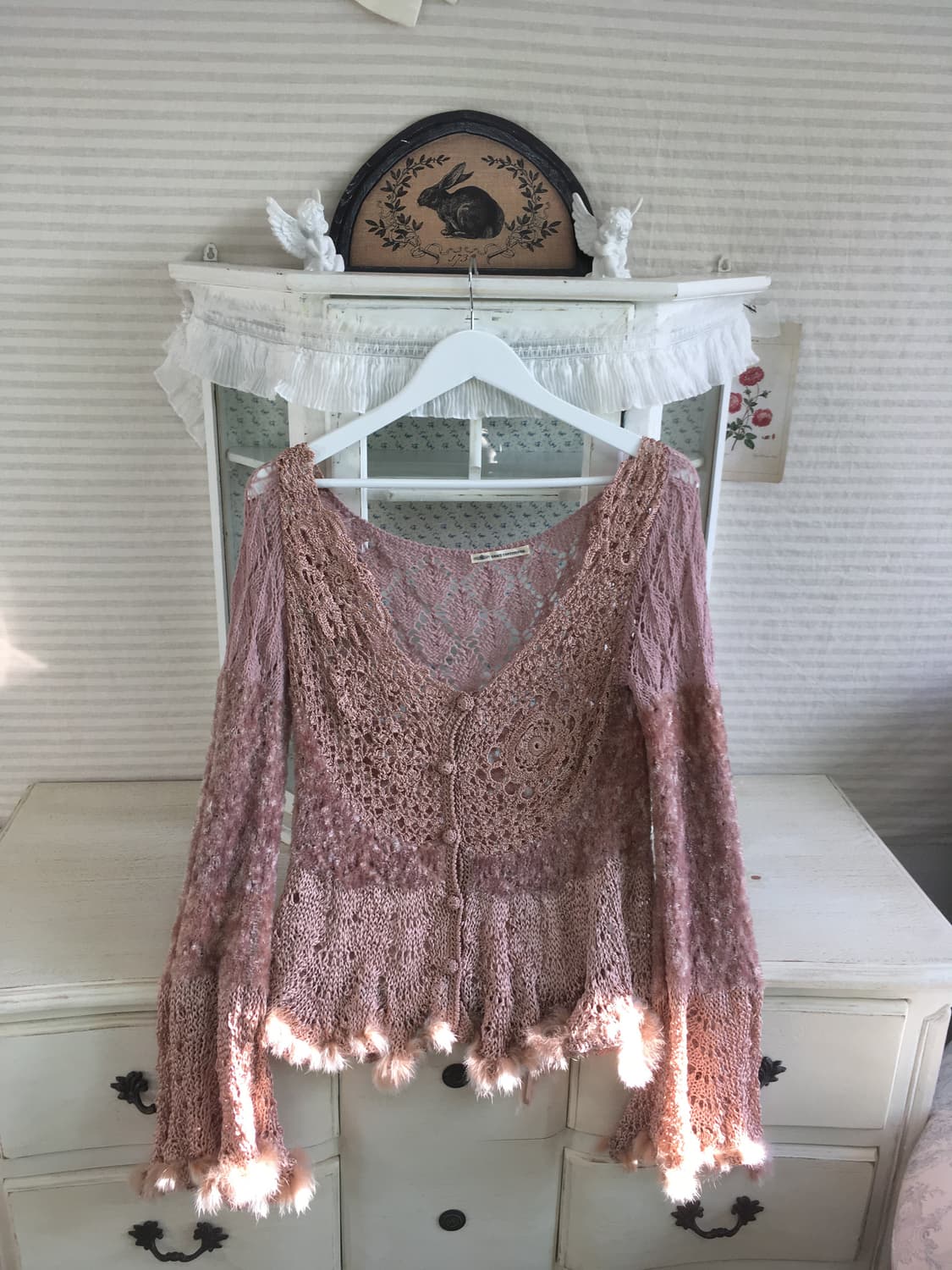 페어리 핑크 퍼 트리밍 아카이브 레이스 니트 가디건 상품이미지6