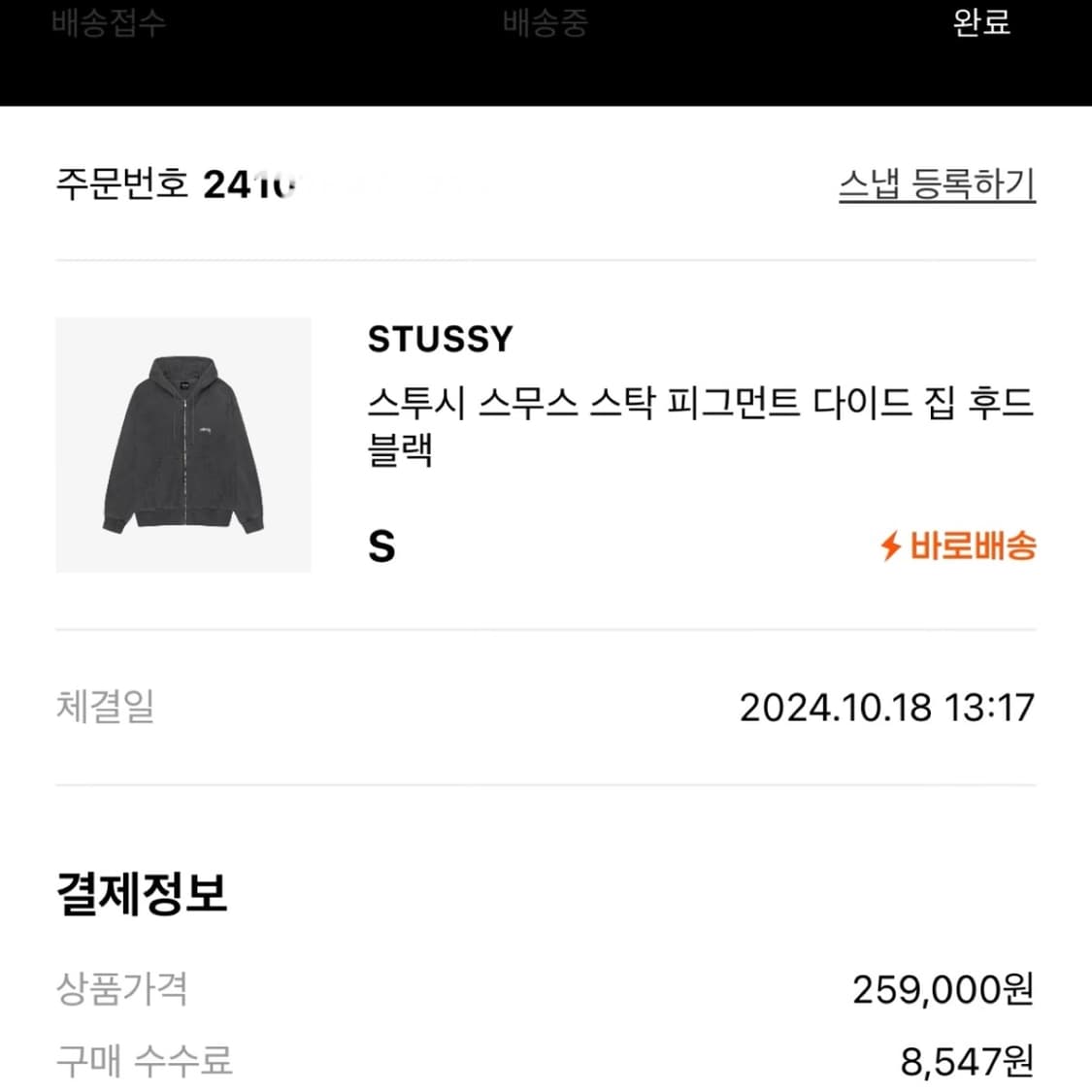 스투시 스무스 스탁 피그먼트 다이드 집 후드집업 블랙 S 상품이미지2
