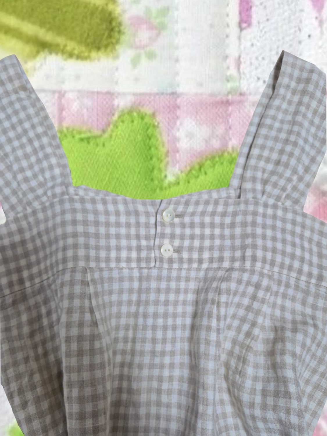 빈티지 베이지 체크 깅엄 스퀘어넥 블라우스 슬리브리스 나시 리본 상품이미지3