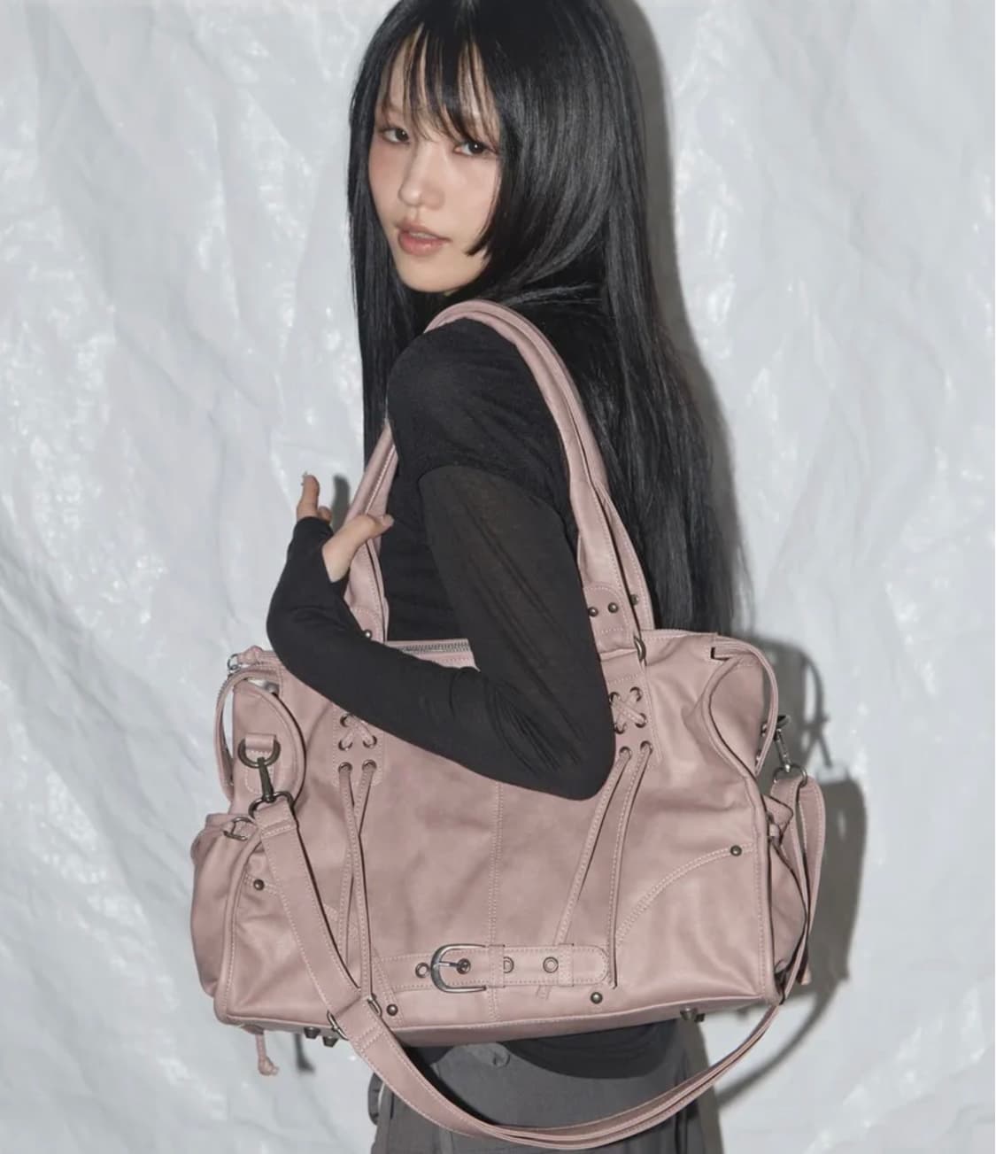 팬시클럽 벨티드 워싱 레더백 (BABY PINK) 상품이미지1