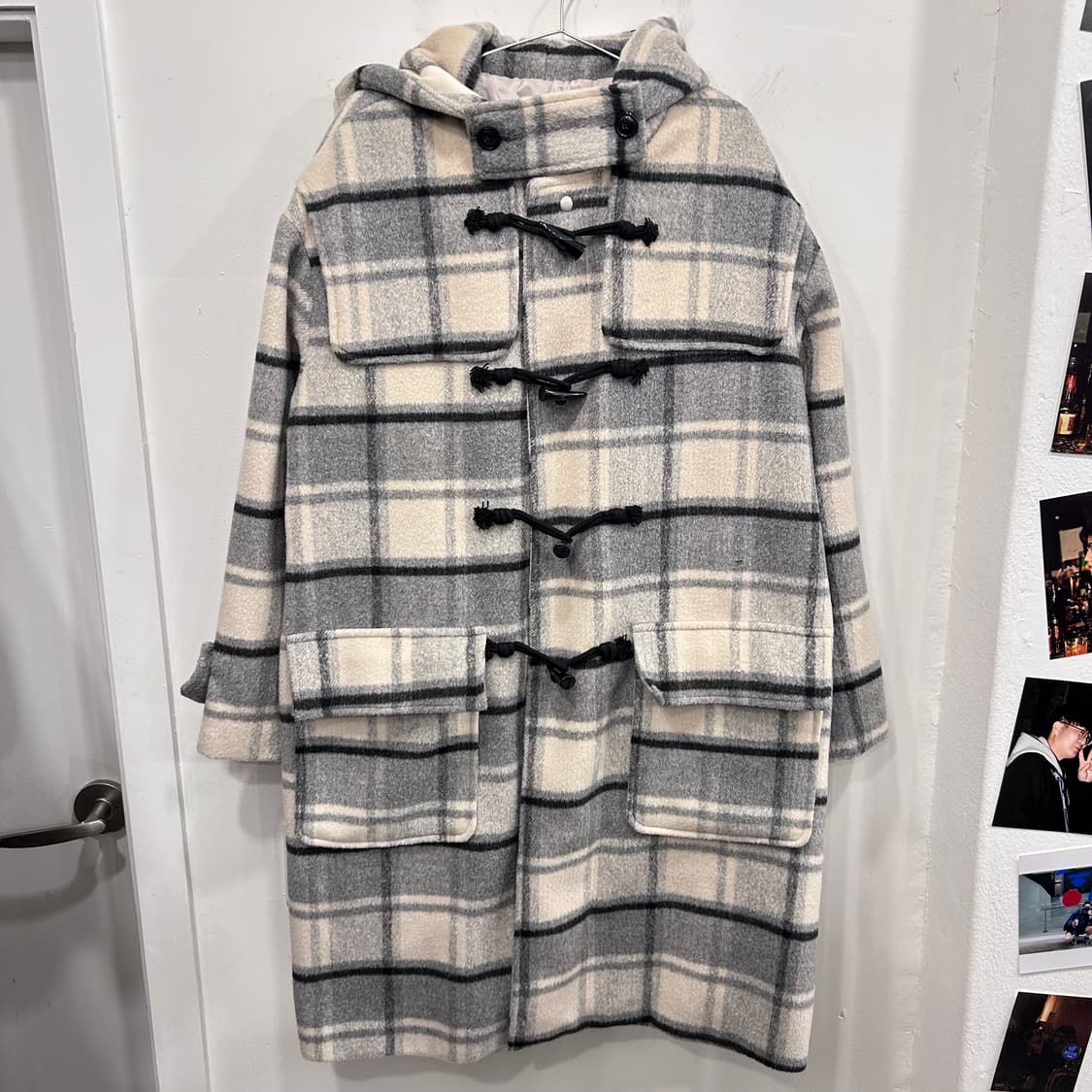 핸드메이드 투톤 체크 울 후드 롱 더플코트 상품이미지2
