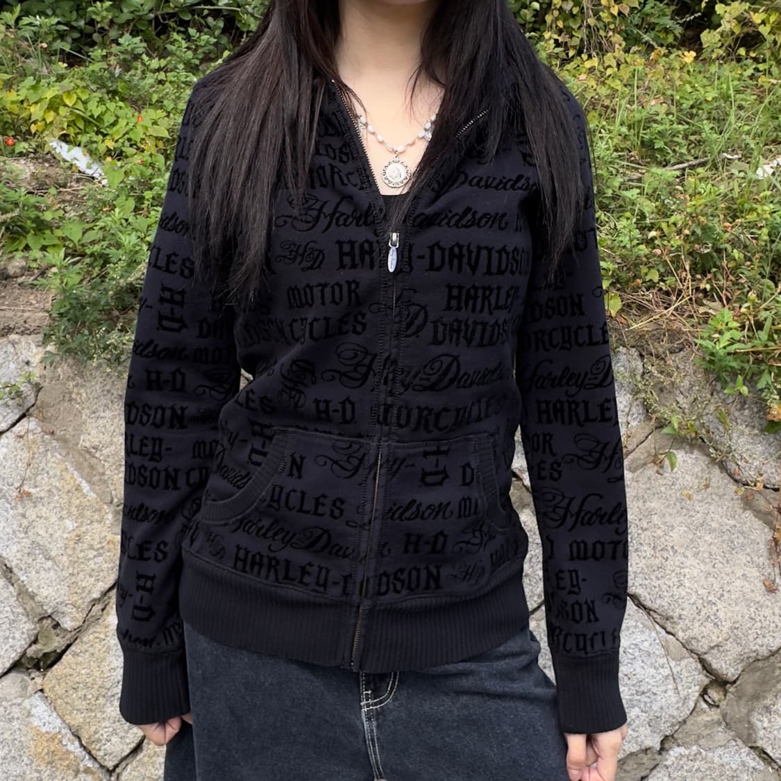 2010s 할리데이비슨 벨벳 로고 블랙 후드 집업 상품이미지6