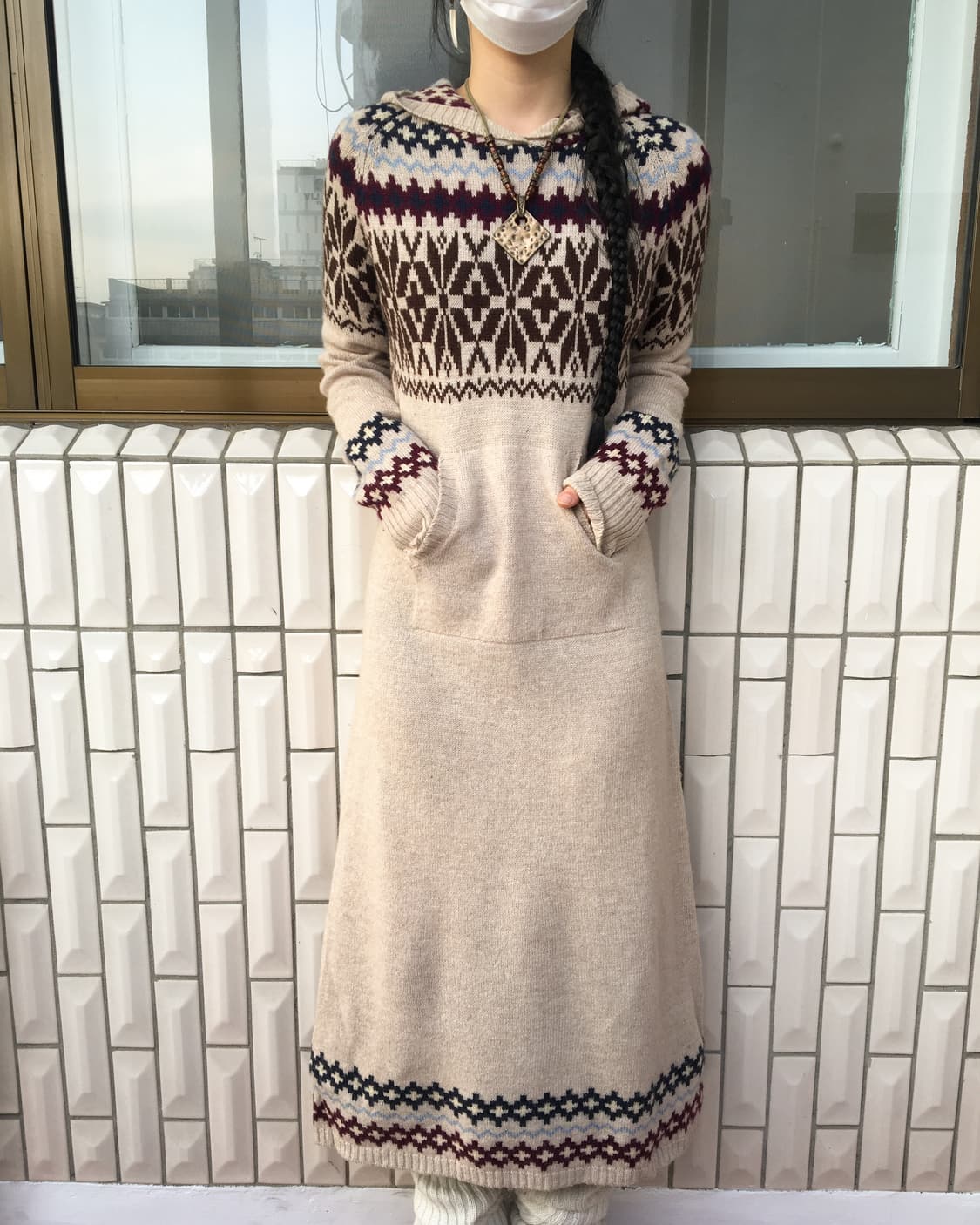 Nordic pattern hood knit onepiece 상품이미지6