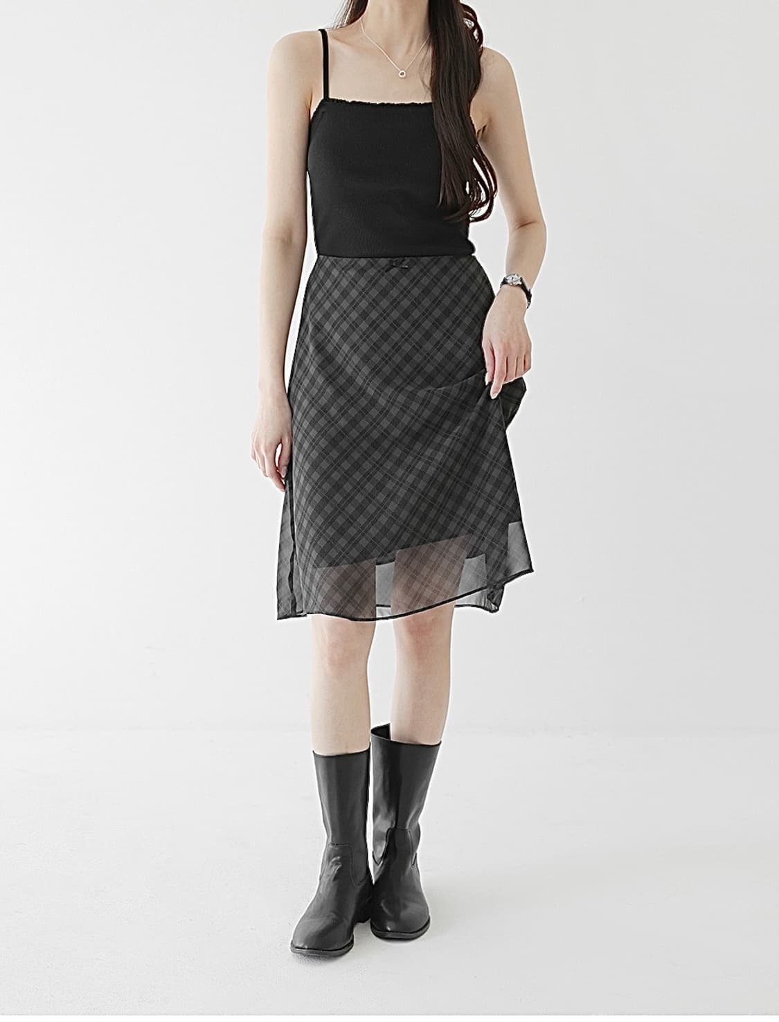 DIVIV 체크 꽃 플라워 블랙 차콜 쉬폰 메쉬 밴딩 플리츠 치마 스커 상품이미지2