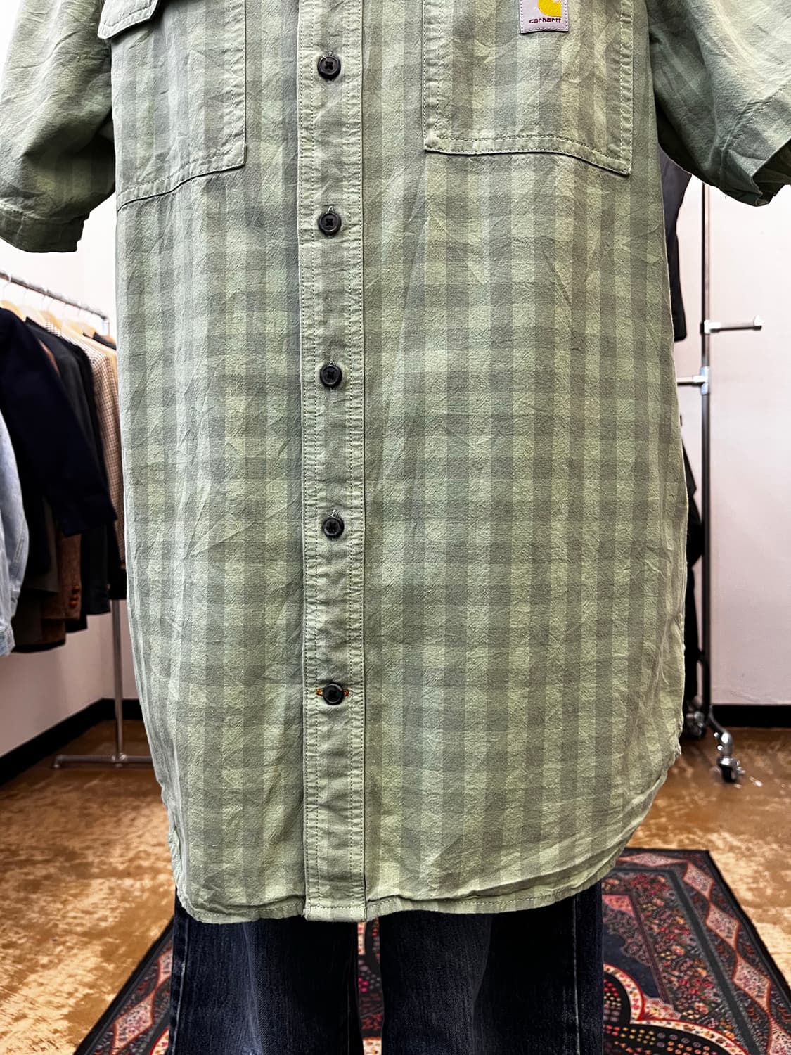 칼하트 더블 포켓 체크 반팔 셔츠 그린 상품이미지4