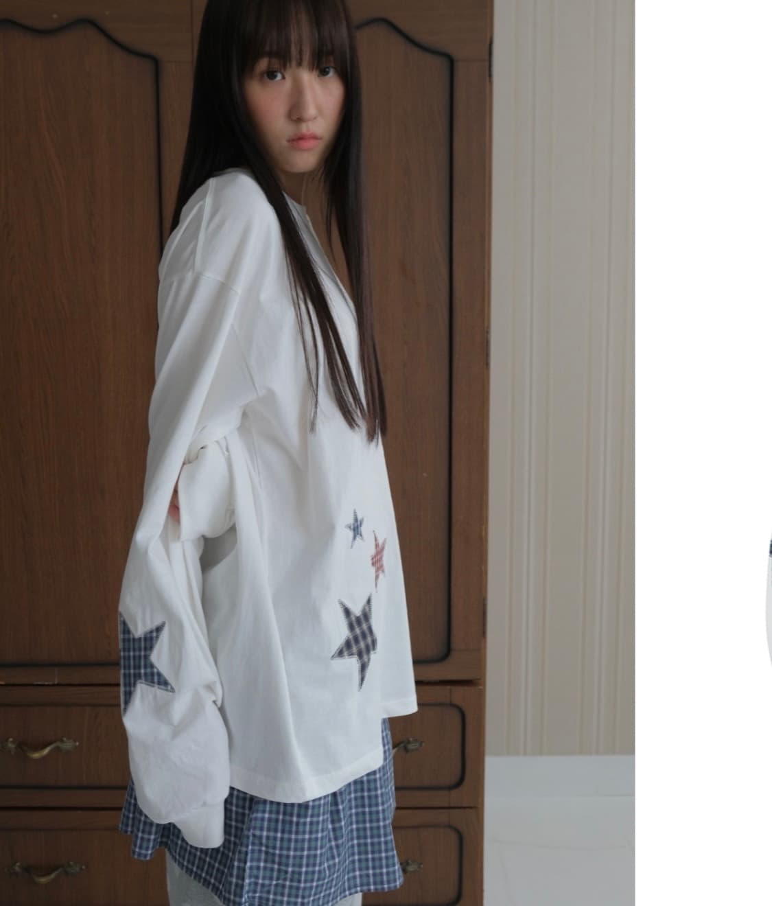 바니쉬먼트 스타 패치워크 롱슬리브 티 아이보리 상품이미지1