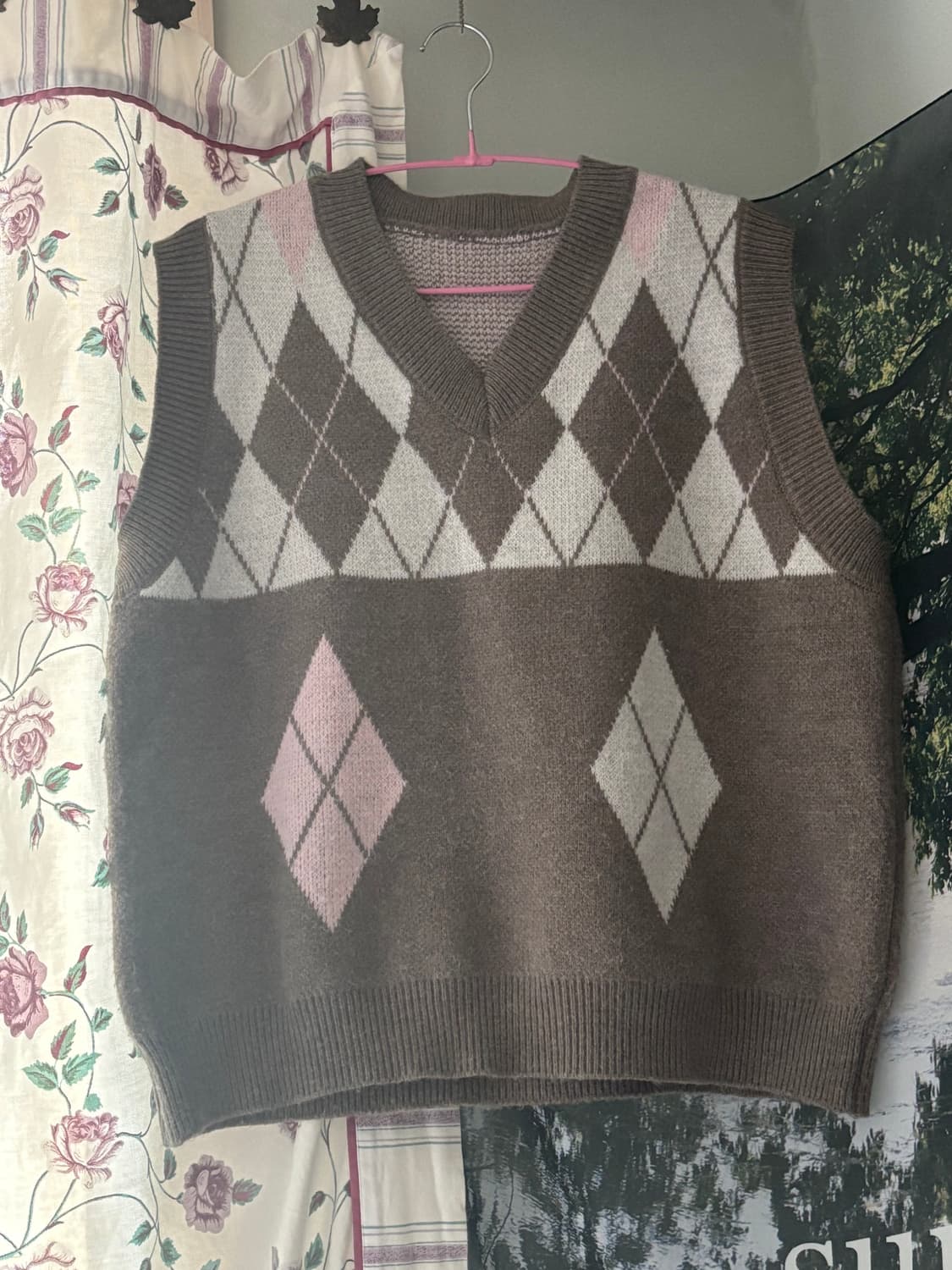 아가일 패턴 니트 베스트 레이어드 초코핑크 배색 모리걸 빈티지 상품이미지1