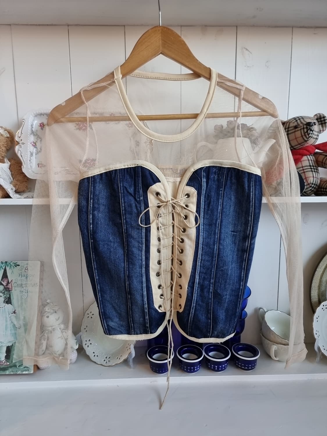 시스루 메쉬 + 데님 코르셋 블라우스 상품이미지1