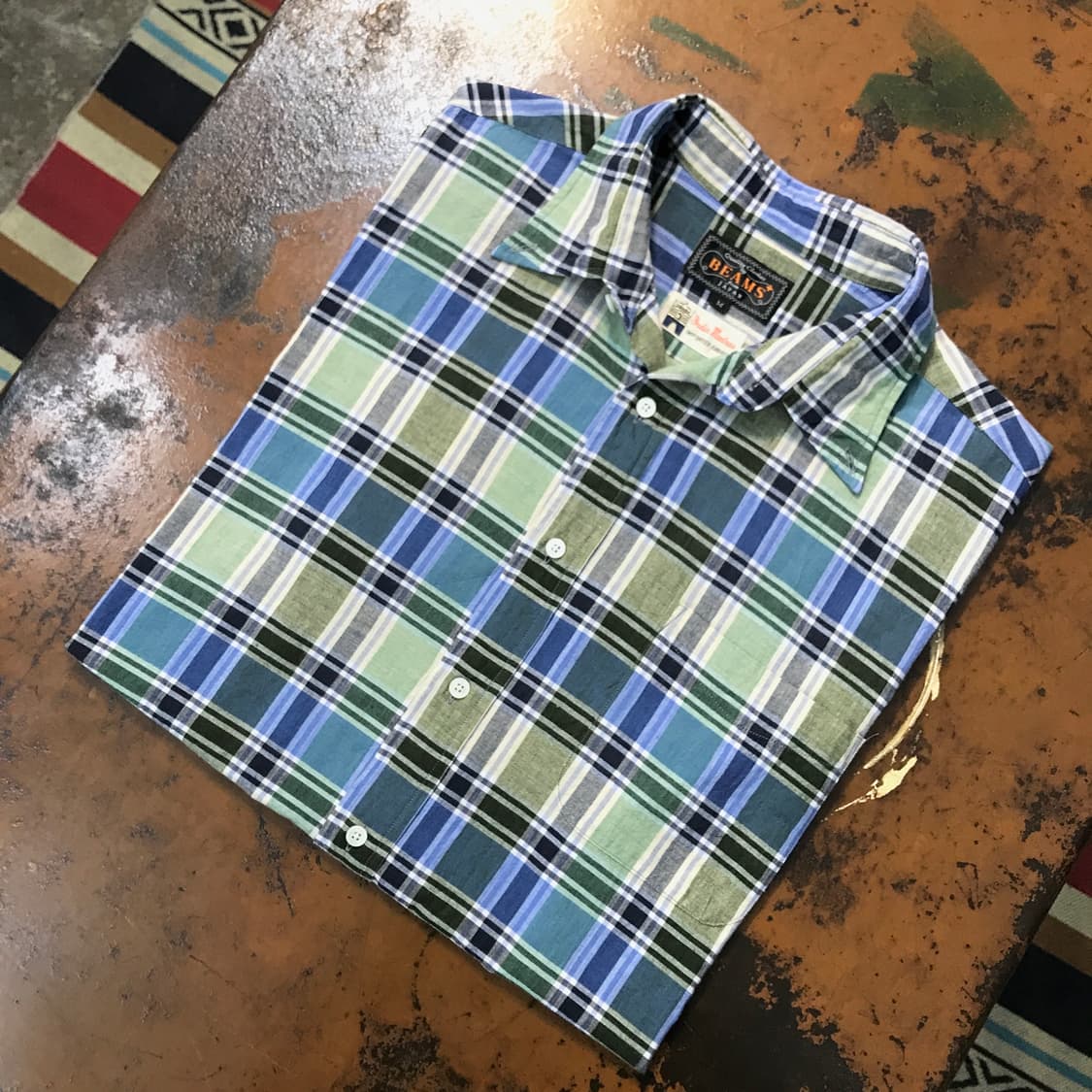 빔즈 그린 마드라스 체크 얇은 코튼 반팔 셔츠 남성 102 여성 루즈핏 상품이미지1