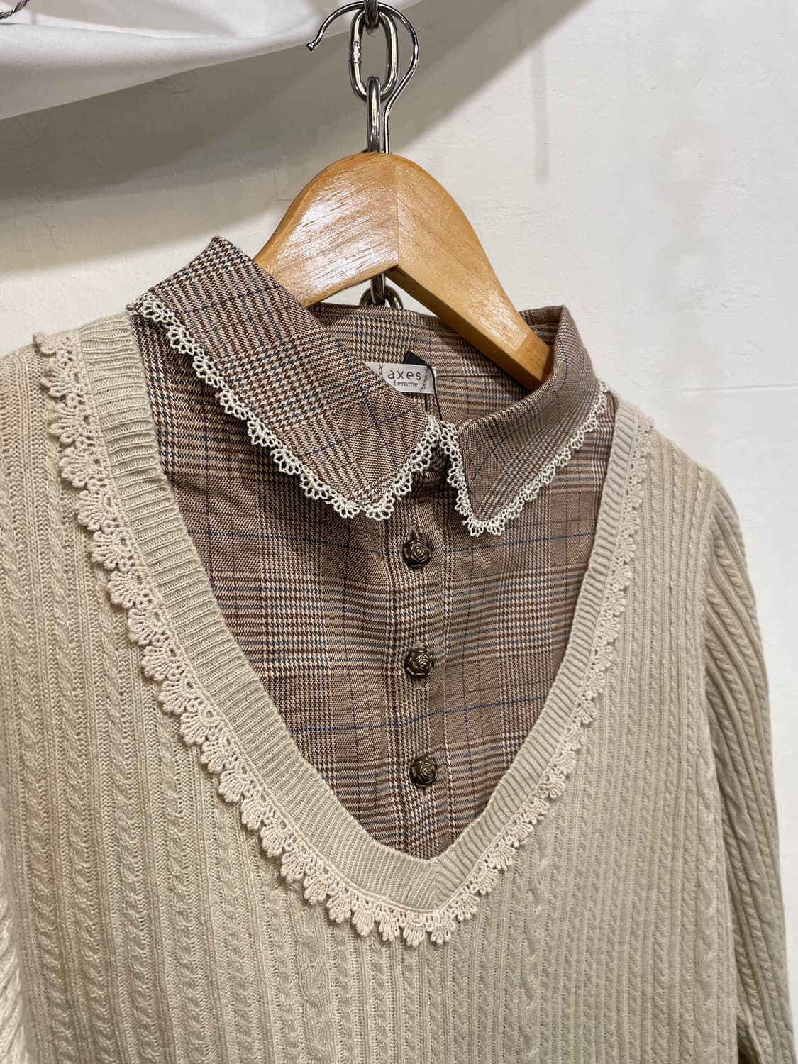 axes femme 엑시즈팜 체크 셔츠 레이어드 아이보리 니트 모리 상품이미지2