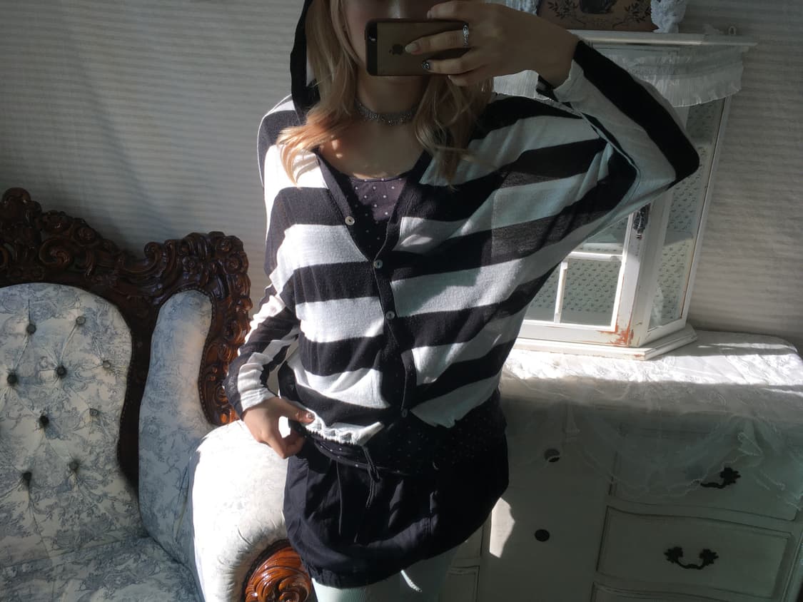 Set) 도트 슬리브리스 + 스트라이프 후드가디건 상품이미지2