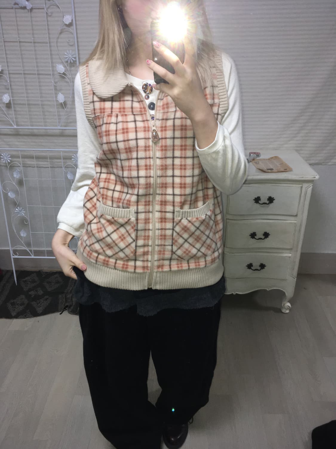 jpn vintage 베이지 핑크 카라 체크 플리스 집업 상품이미지3