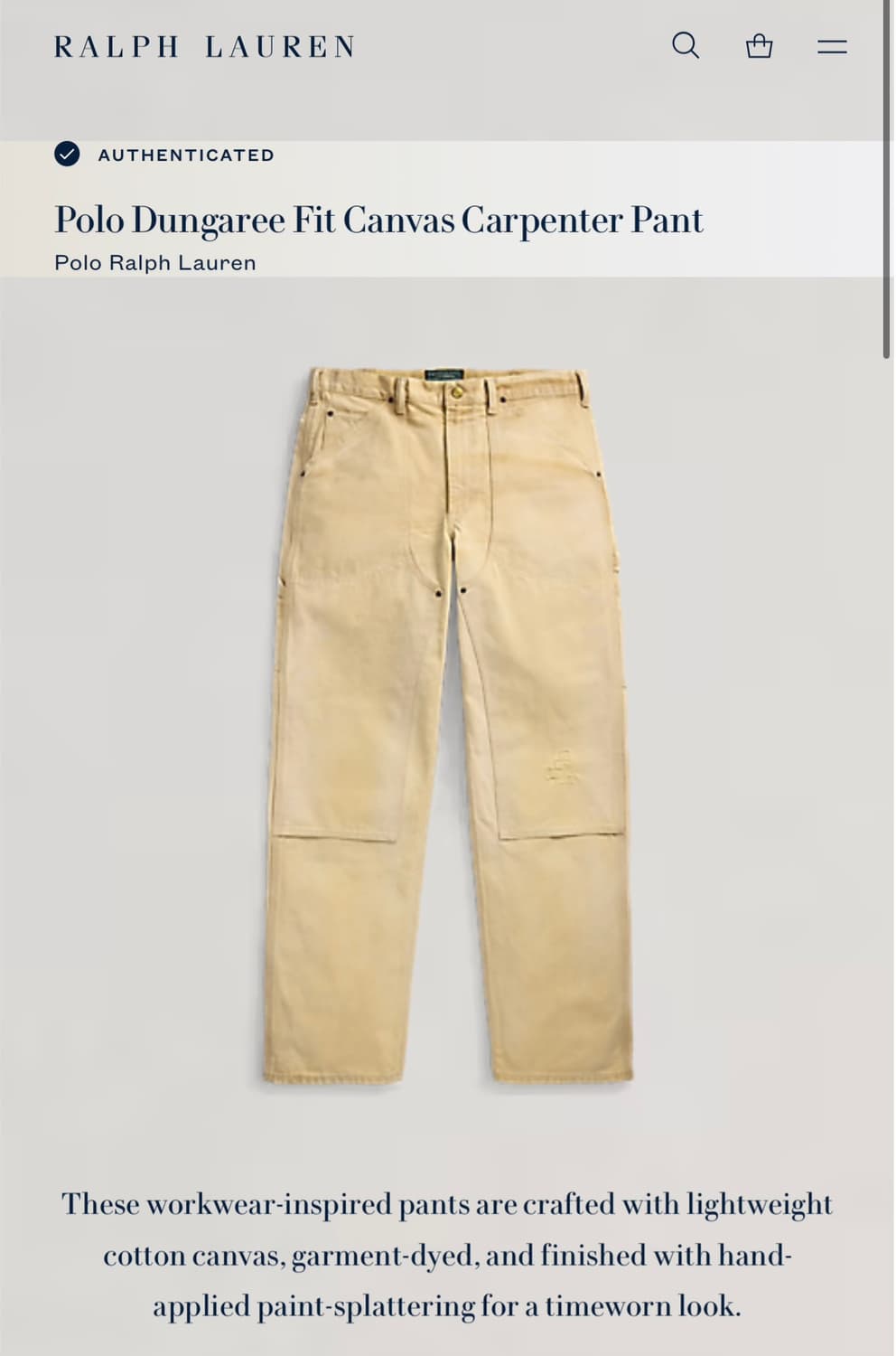 폴로 랄프로렌 덩거리핏 캔버스 카펜터 펜츠 31x30 상품이미지1