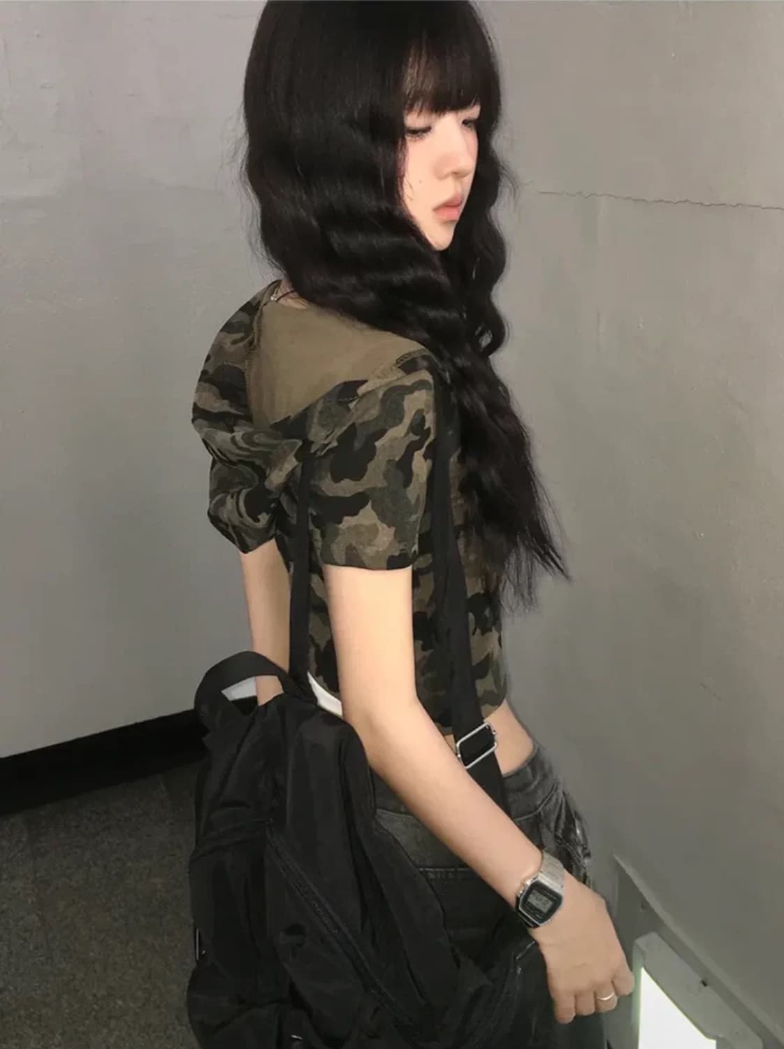 카모 후드 집업 크롭 반팔 티셔츠 상품이미지2