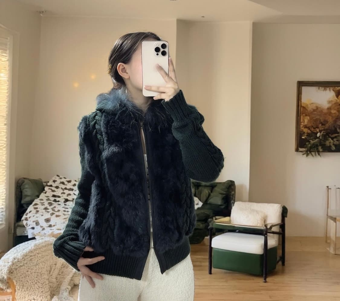 빈티지 어두운 녹색 꽈배기 폭스퍼 후드집업  토끼털 니트자켓 상품이미지1