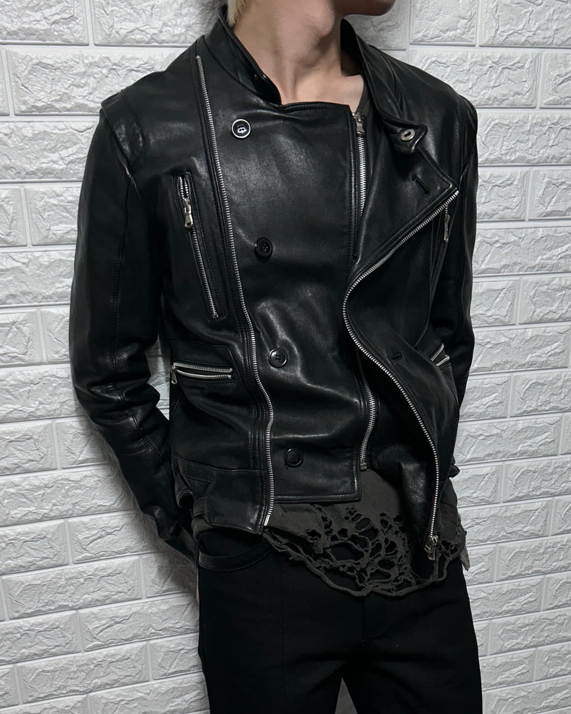 램스킨 더블 판넬 지퍼 레더 자켓 상품이미지1