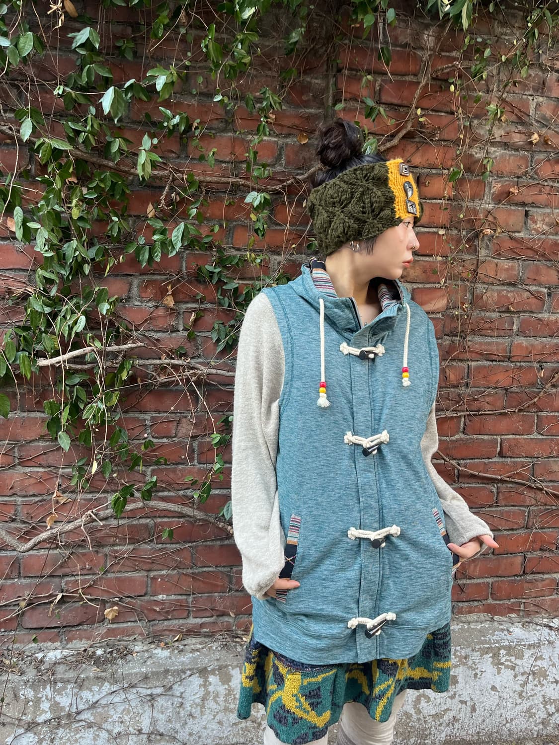 히피 패턴 포인트 후드 더플 베스트 상품이미지2