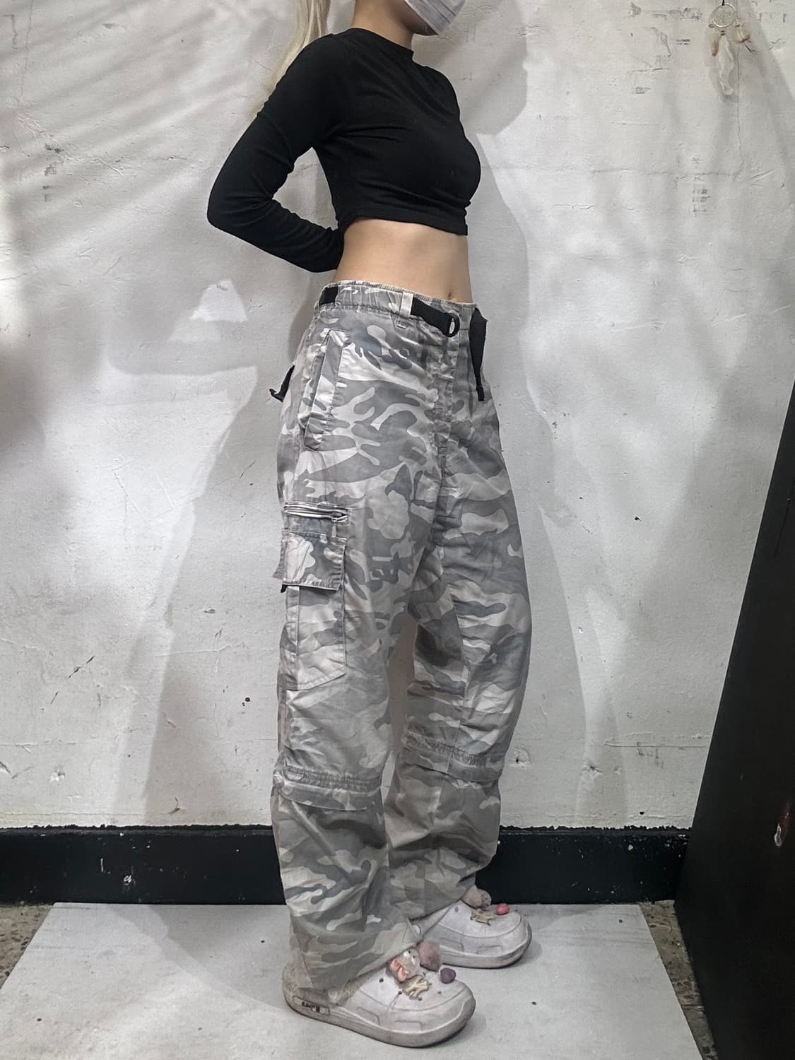 일본 빈티지 베이지 절개 포인트 와이드 밀리터리 카모 팬츠 카고 바지  상품이미지1