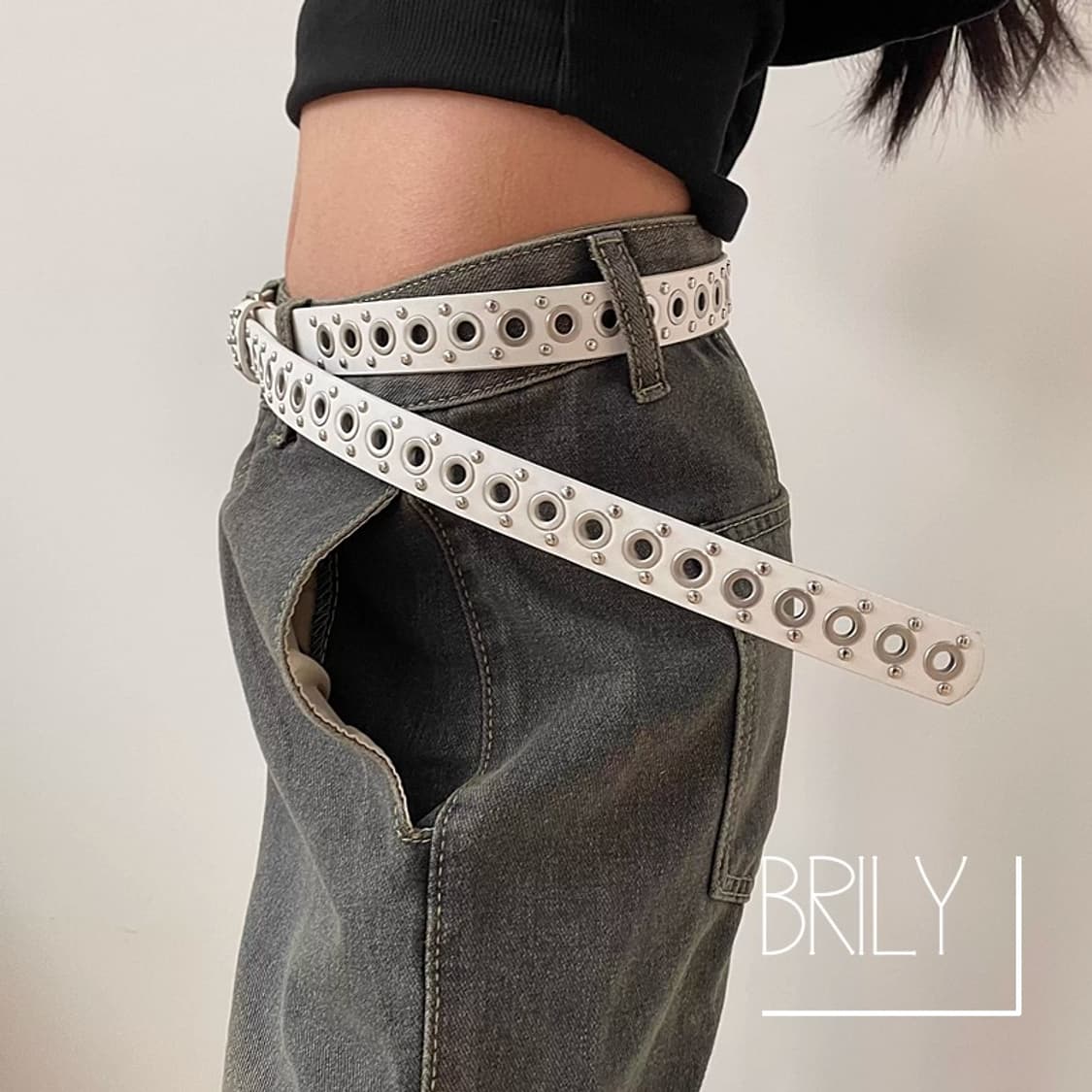 [Unisex] ANDY 아일렛 티니 스터드 가죽 벨트 화이트 상품이미지3