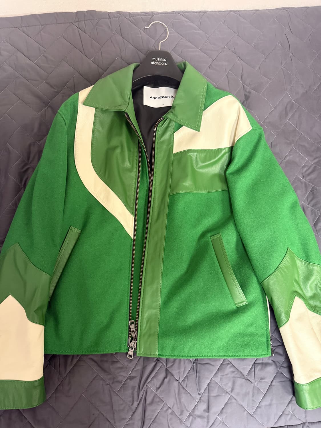 앤더슨벨 모터사이클 바시티 자켓 그린 상품이미지1