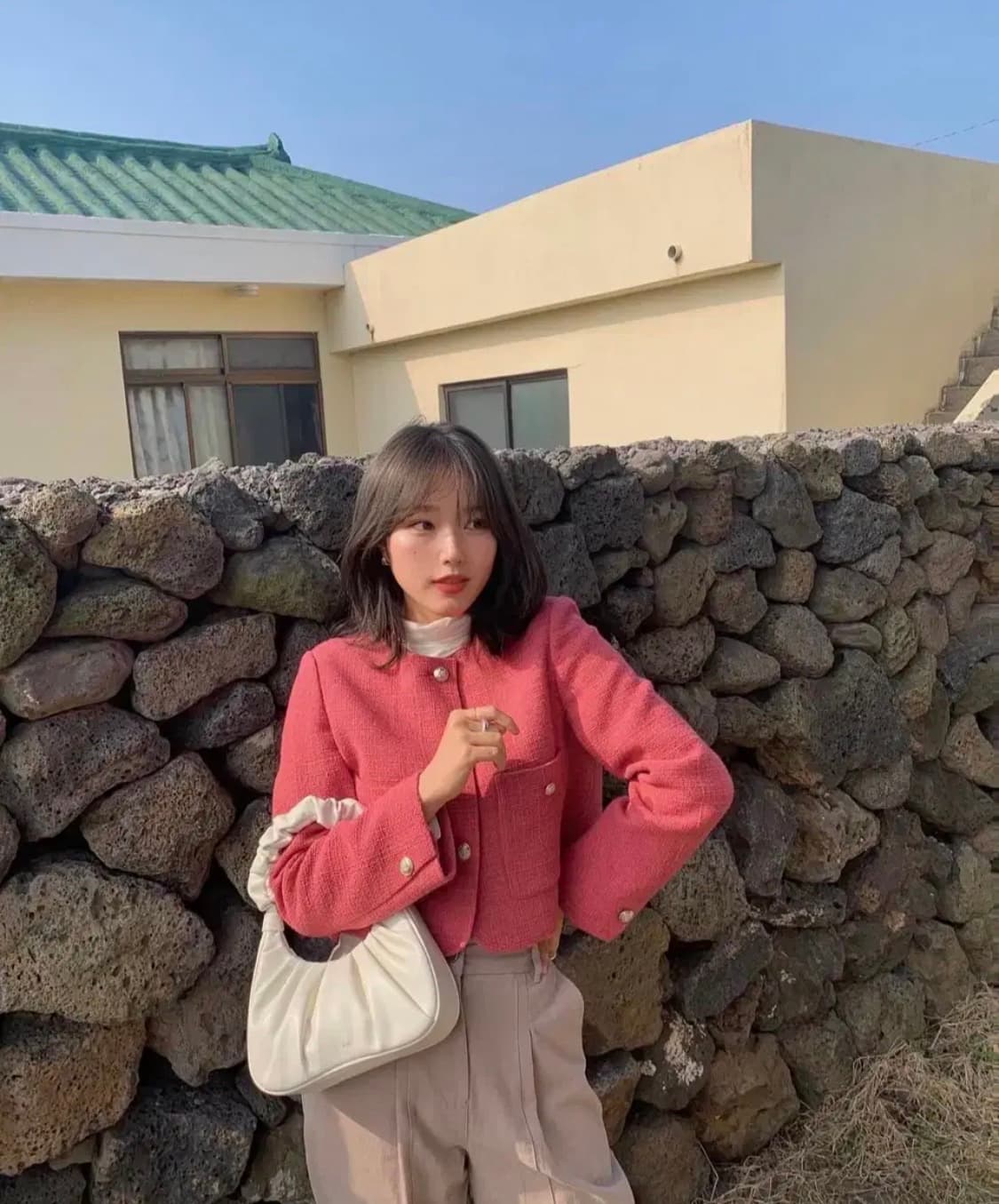 토모토모 유인 온앤온 노카라 라운드 트위드 자켓 핑크 상품이미지2