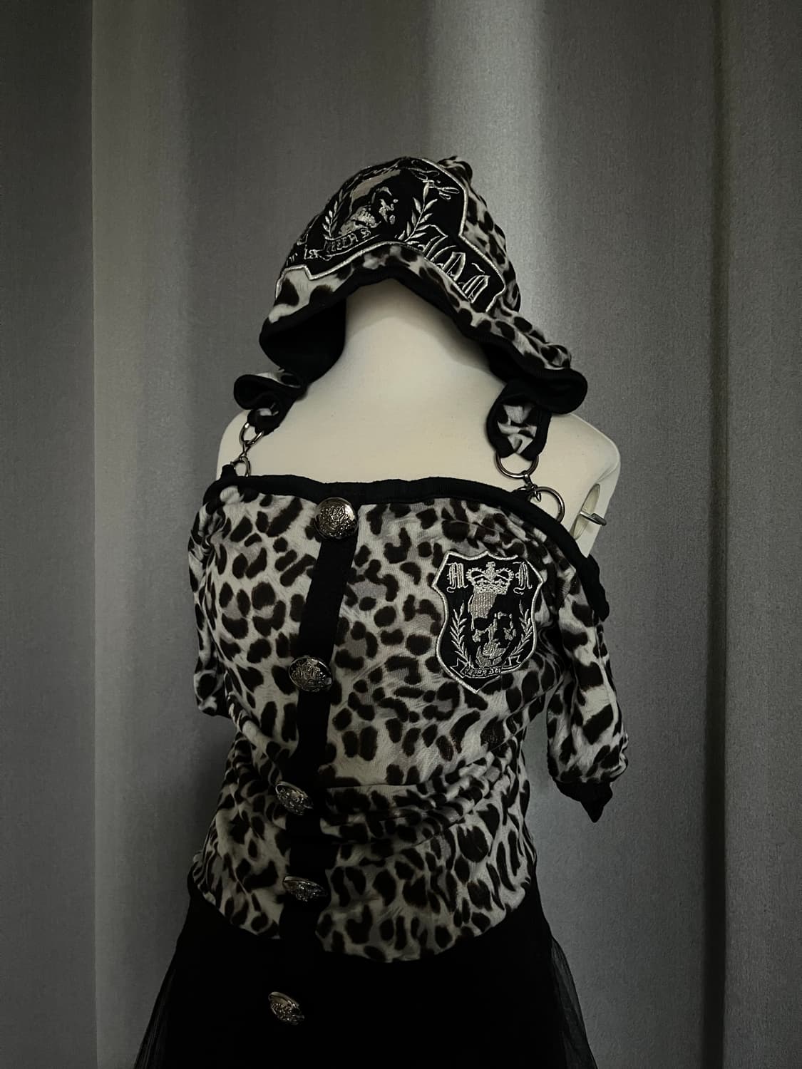 갸루 레오파드 체인후드 오프숄더 상품이미지2