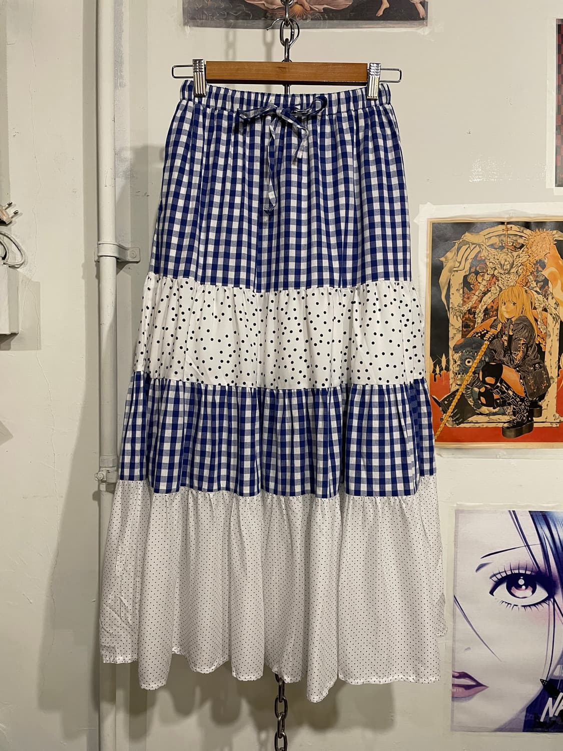 블루 체크 도트 패치워크 롱스커트 모리 상품이미지4
