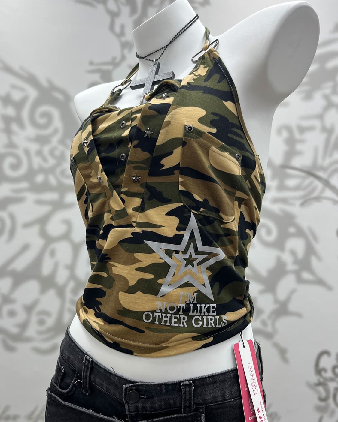 Camo Star Stud Chain Halter Sleeveless 상품이미지5