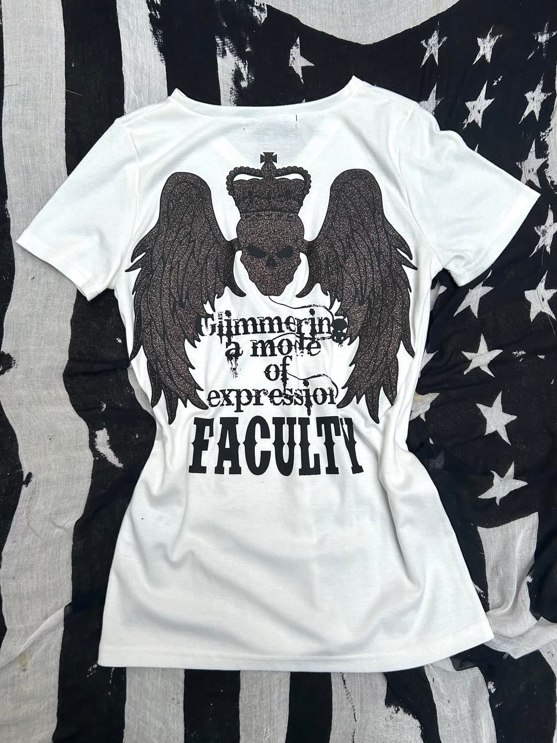 2000s JPN 펑크 스컬&윙 글리터 디테일 티셔츠 상품이미지1