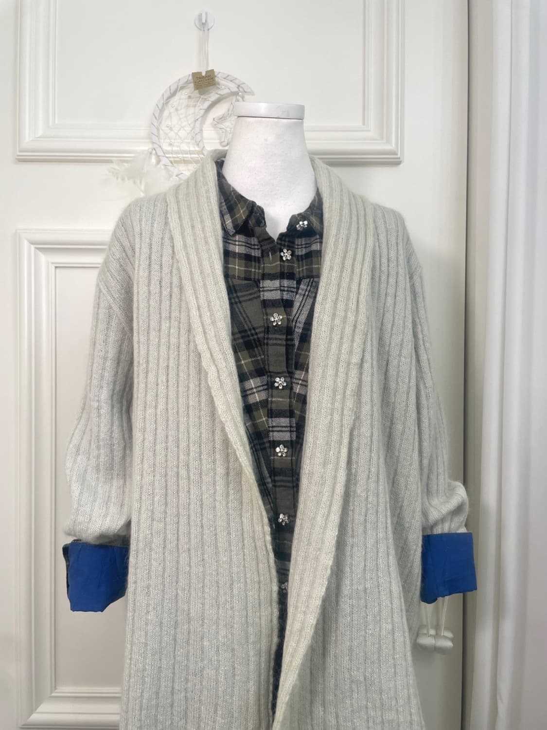 sheer green open rib cardigan&khaki chec 상품이미지5