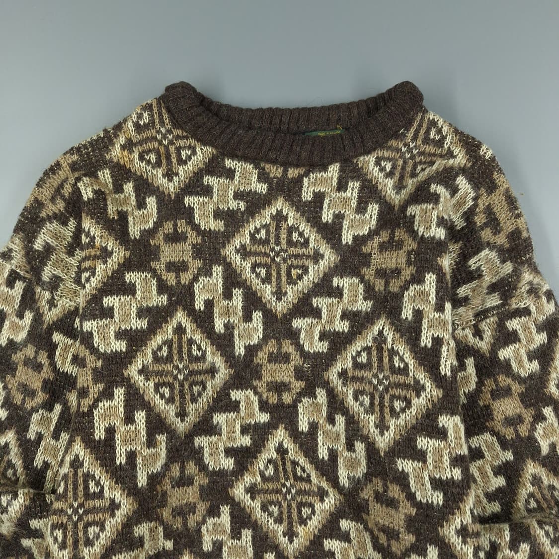 빈티지 브라운 베이지 멀티컬러 에스닉 패턴 퓨어울100 라운드넥 니트 상품이미지4