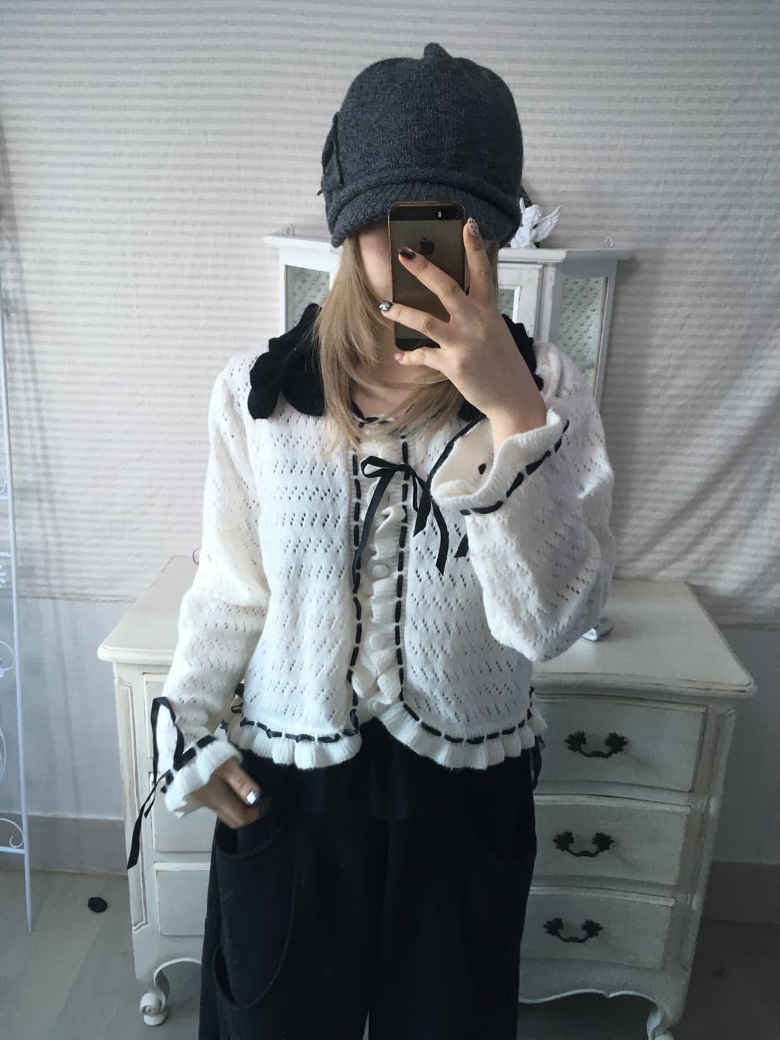 일본빈티지 고스로리 프릴 아이렛 니트 가디건 상품이미지5