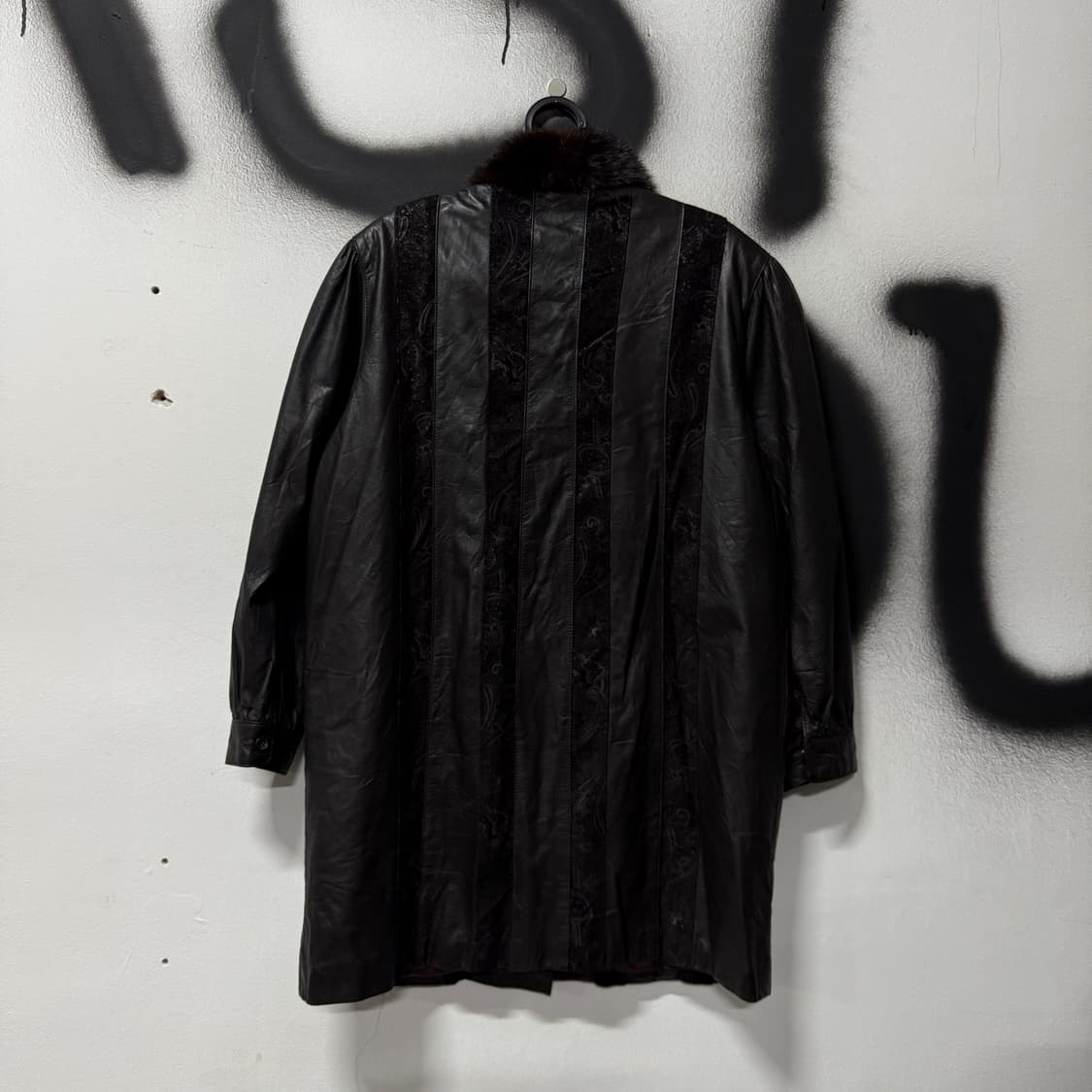 VTG 빈티지 딥 브라운 퍼 카라 스웨이드 디테일 소가죽 롱 코트 상품이미지2