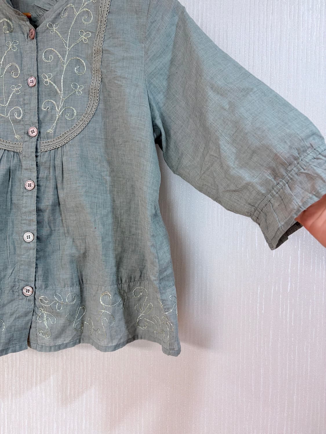 빈티지 모리걸 하구미깔 민트 자수 블라우스 상품이미지5