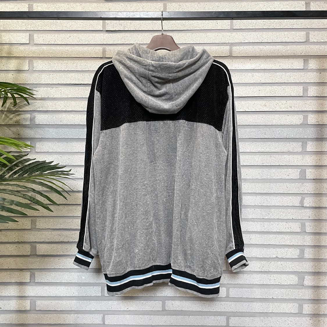 KR VINTAGE 벨벳 후드집업 스트라이프 시보리 디테일 그레이 상품이미지3