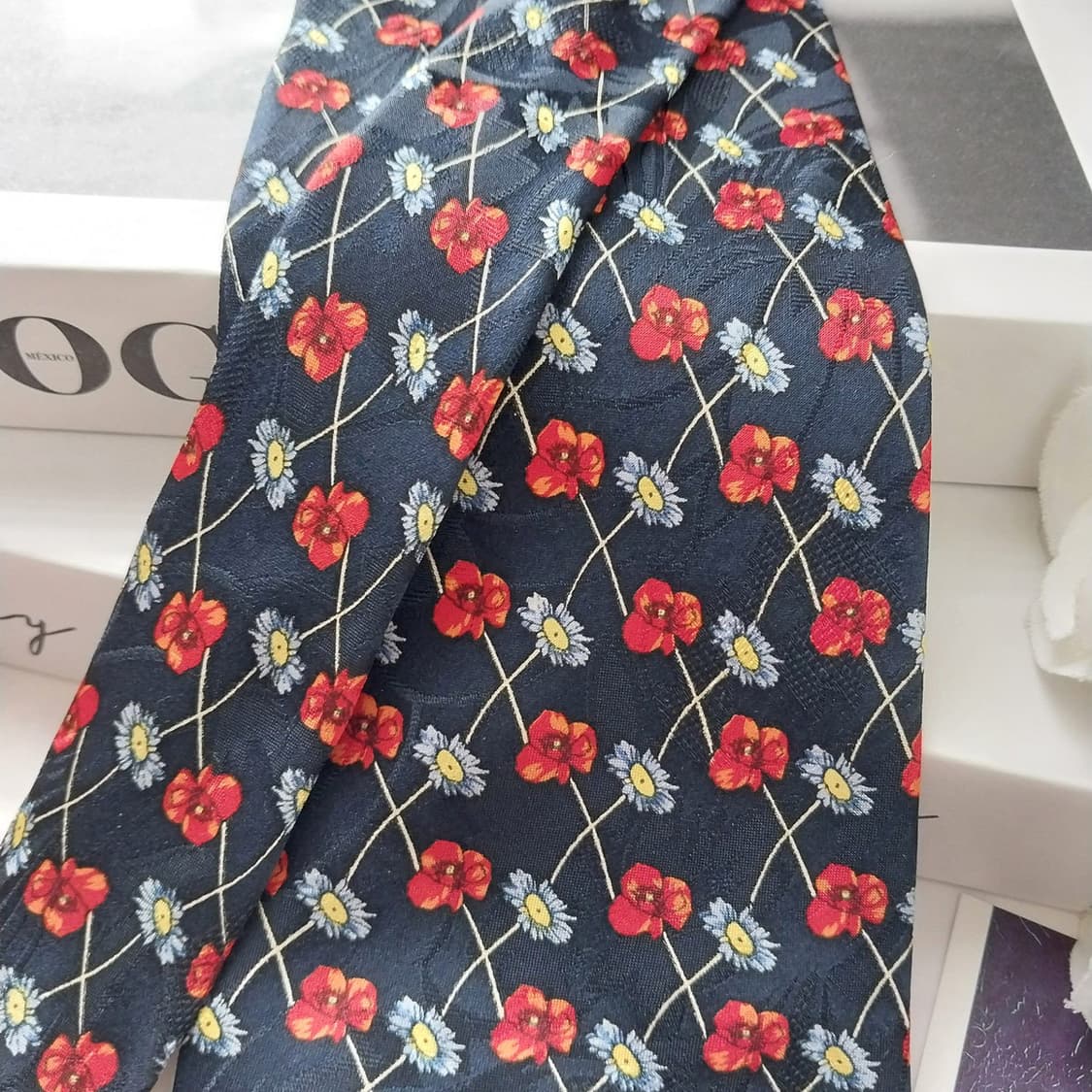 아쿠아스큐텀 실크 네이비 플라워 패턴 넥타이 10cm A+등급 K1201 상품이미지2