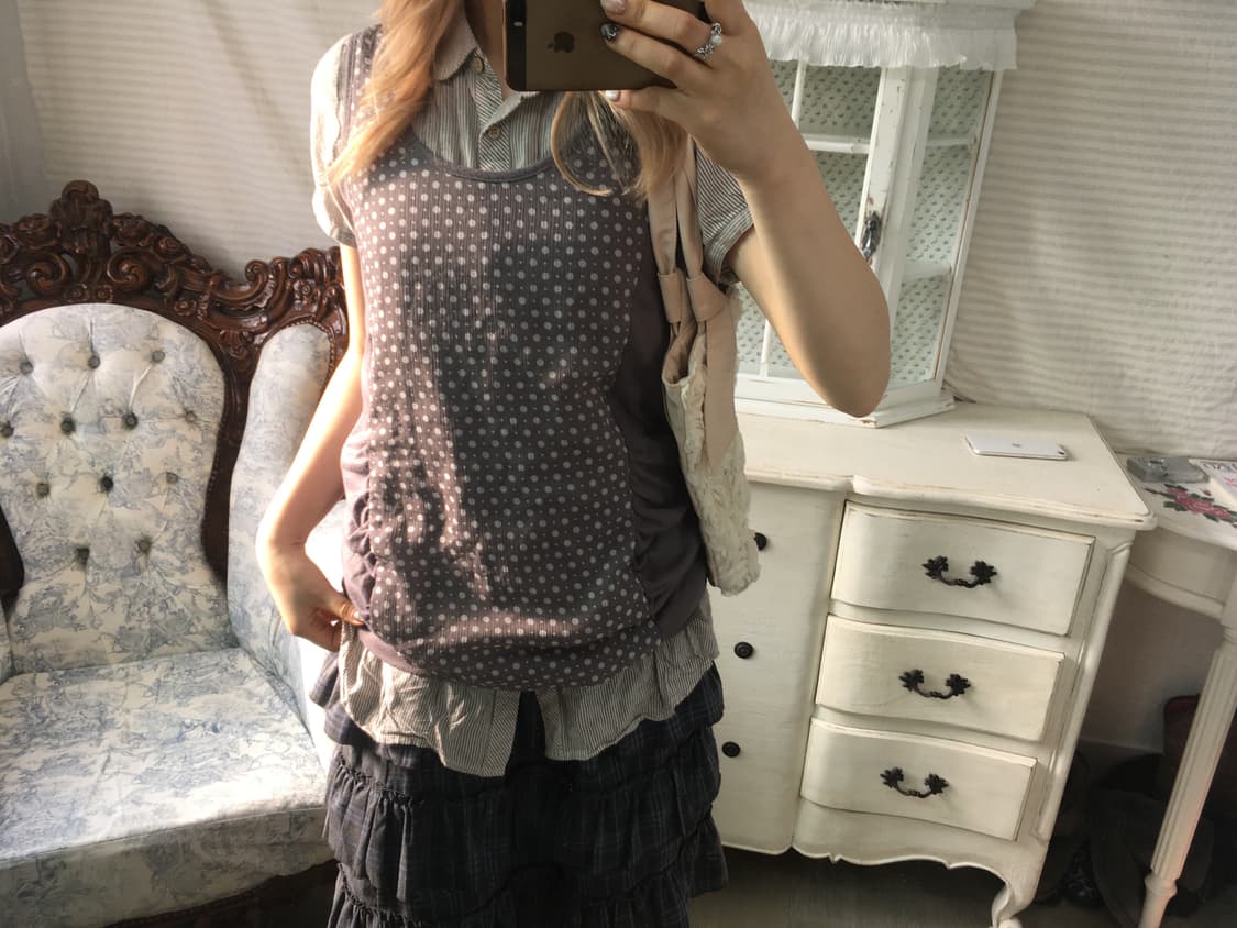 Set) 도트 셔링 레이어드 원피스 + 모리 스트라이프 셔츠 상품이미지3