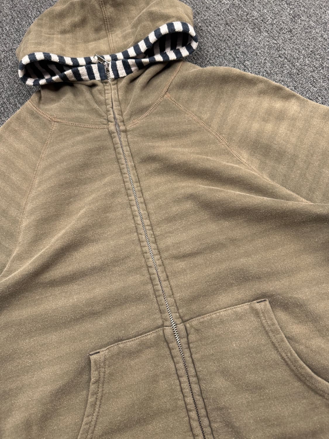 L)Real Thing 빈티지 스트라이프 포인트 올리브 후드집업 상품이미지3